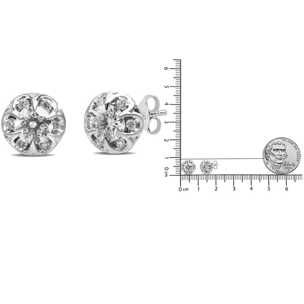 14K White Gold 3/4 Carat Round Cut Diamond Halo Cluster Stud Earrings In New Condition In New York, NY