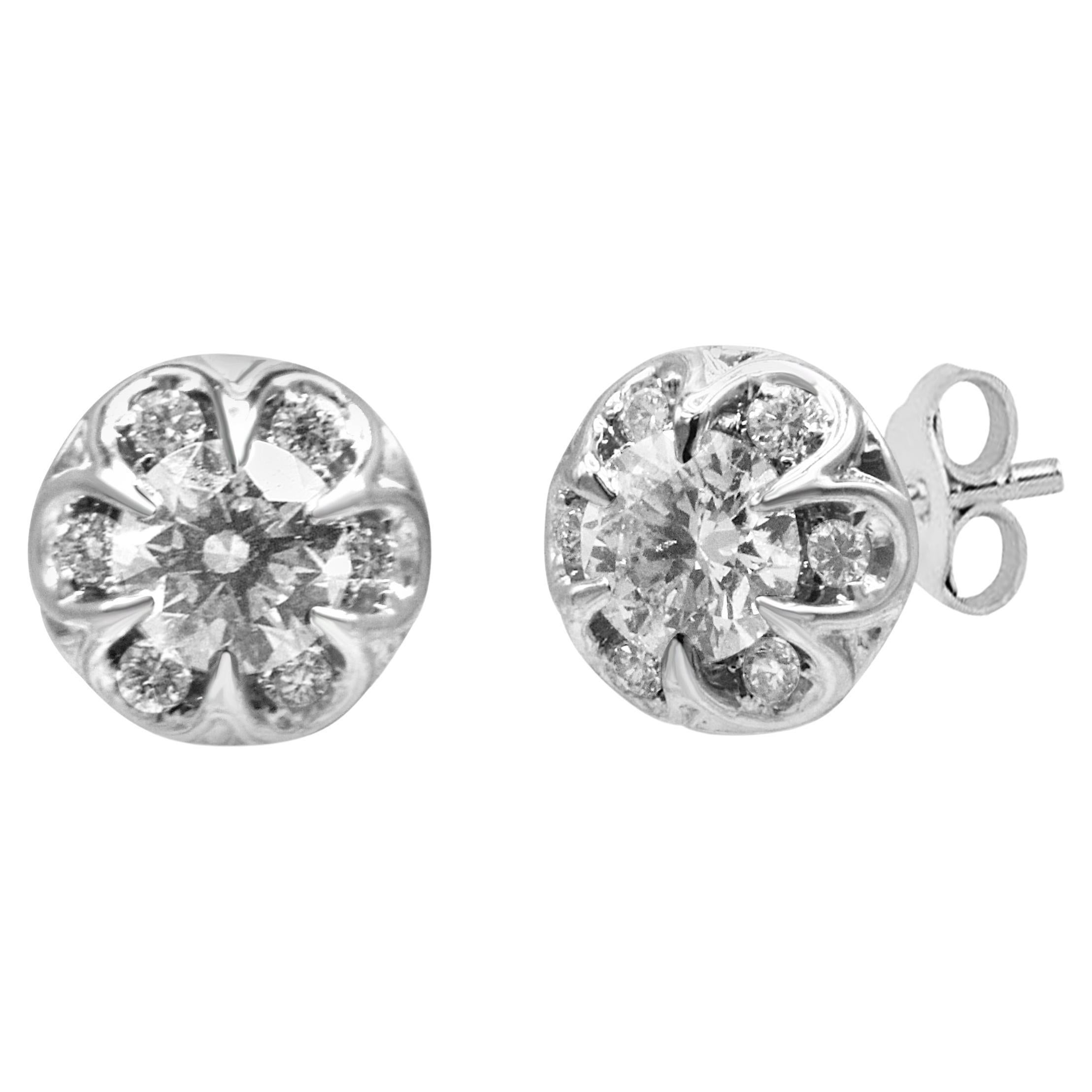 14K White Gold 3/4 Carat Round Cut Diamond Halo Cluster Stud Earrings