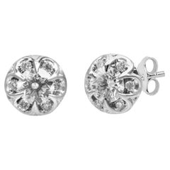 14K White Gold 3/4 Carat Round Cut Diamond Halo Cluster Stud Earrings
