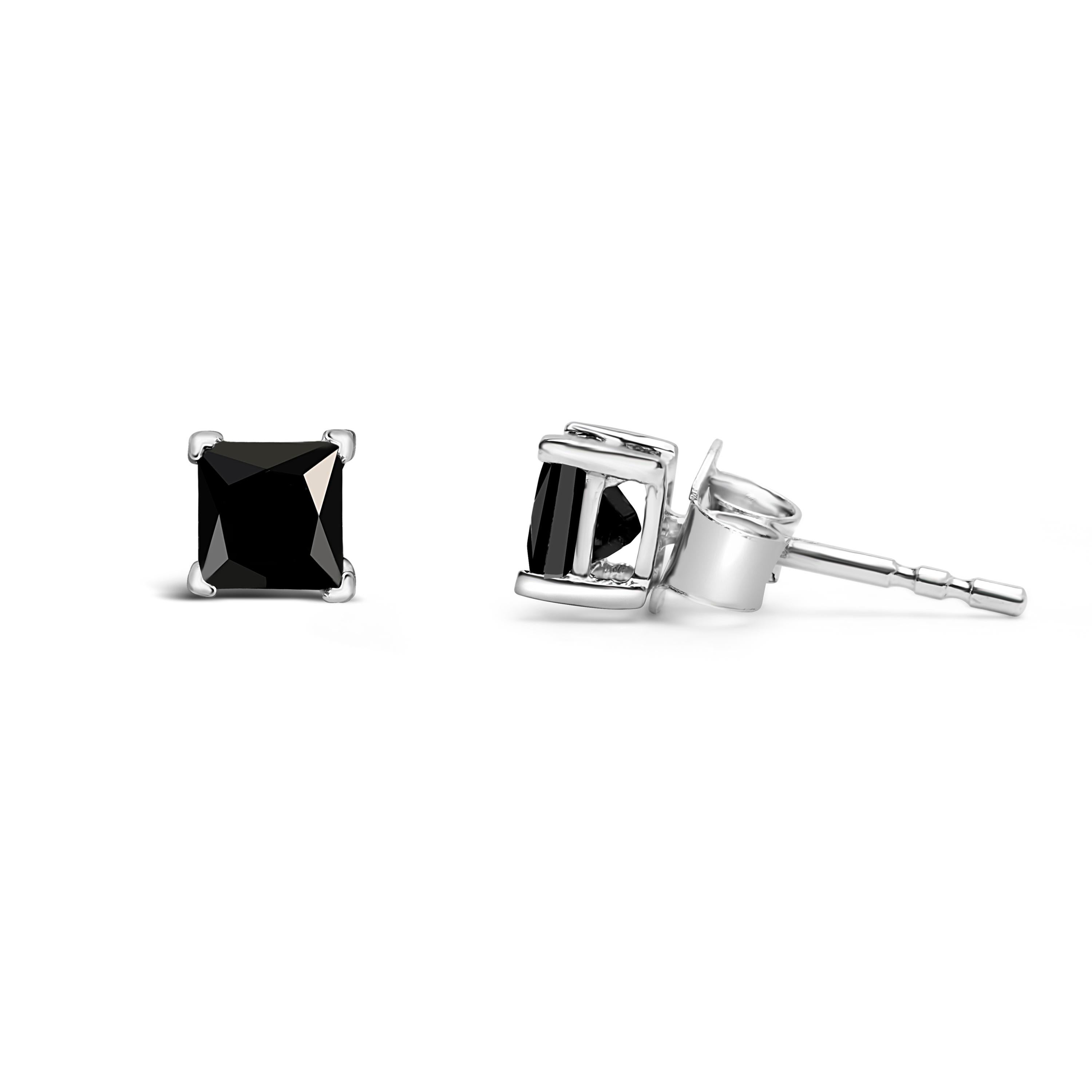 Contemporary 14K White Gold 3/4 Cttw Princess-Cut Black Diamond Classic 4-Prong Stud Earrings For Sale