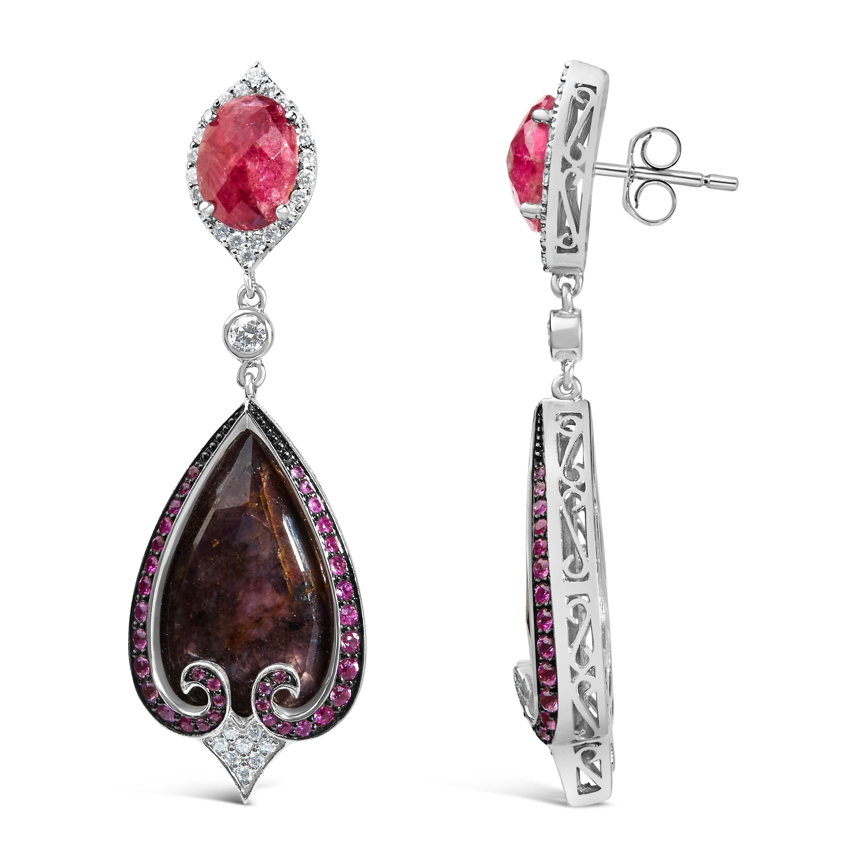 Modern 14K White Gold 3/5ct Diamond, Grey-Orange Sapphire, and Pink Spinel Drop Earring For Sale