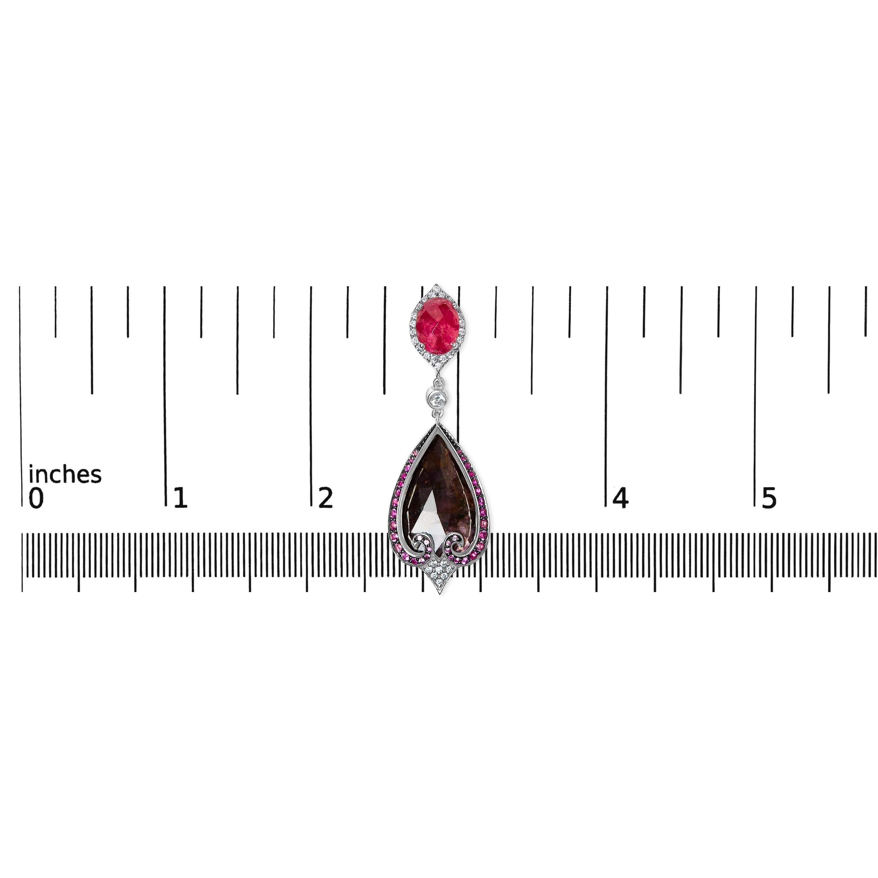 Round Cut 14K White Gold 3/5ct Diamond, Grey-Orange Sapphire, and Pink Spinel Drop Earring For Sale