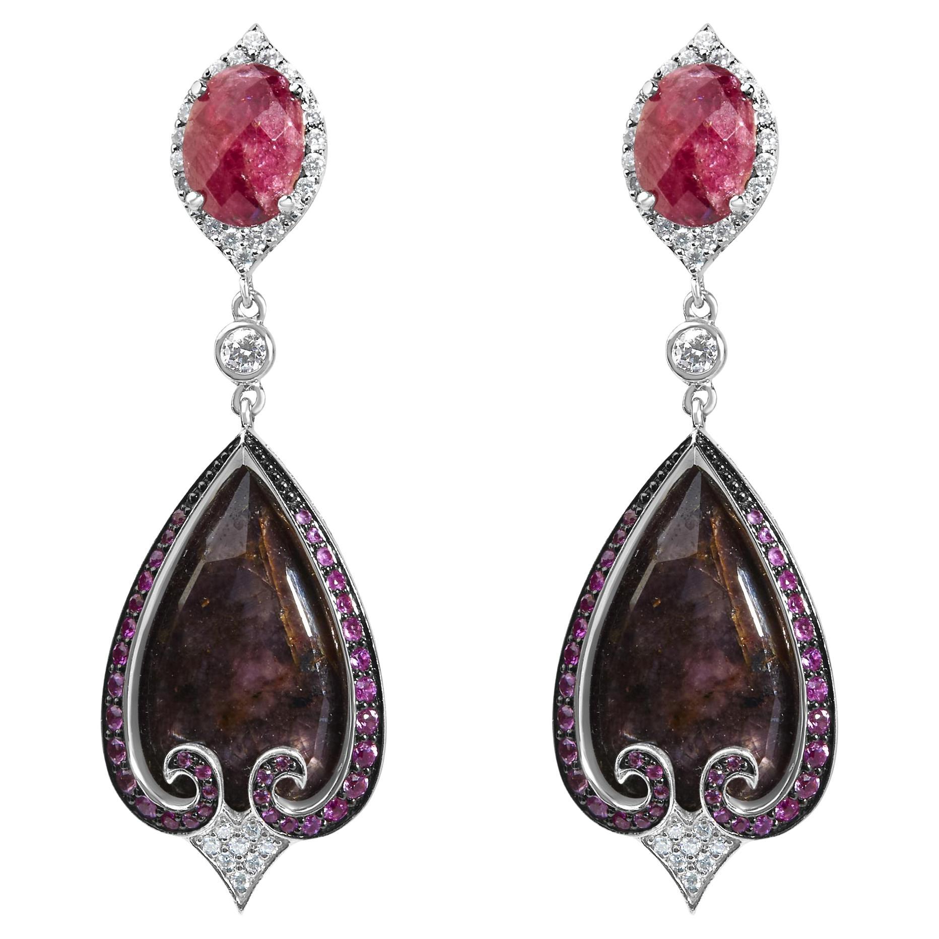 14K White Gold 3/5ct Diamond, Sapphire and Spinel Vintage-Inspired Drop Earrings