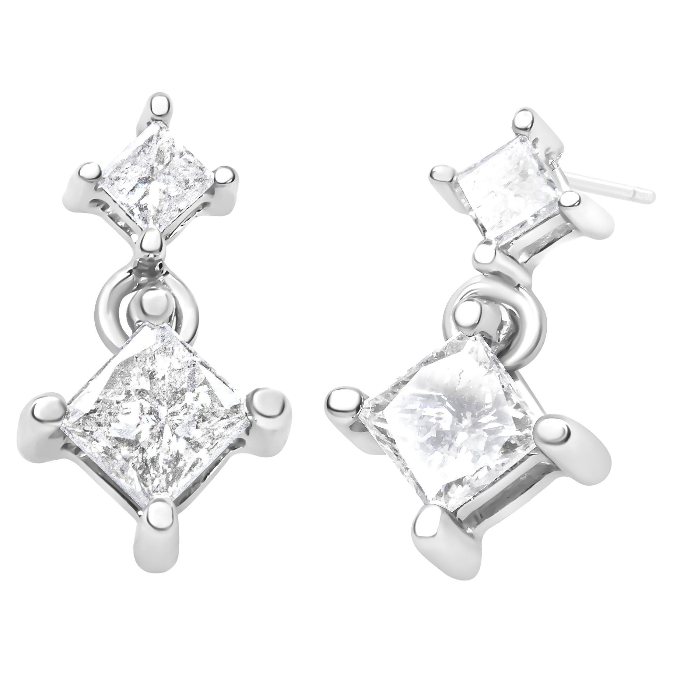 14K White Gold 3/8 Carat Diamond Double Dangle 2 Stone Stud Drop Earrings For Sale
