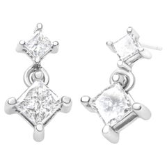 14K White Gold 3/8 Carat Diamond Double Dangle 2 Stone Stud Drop Earrings