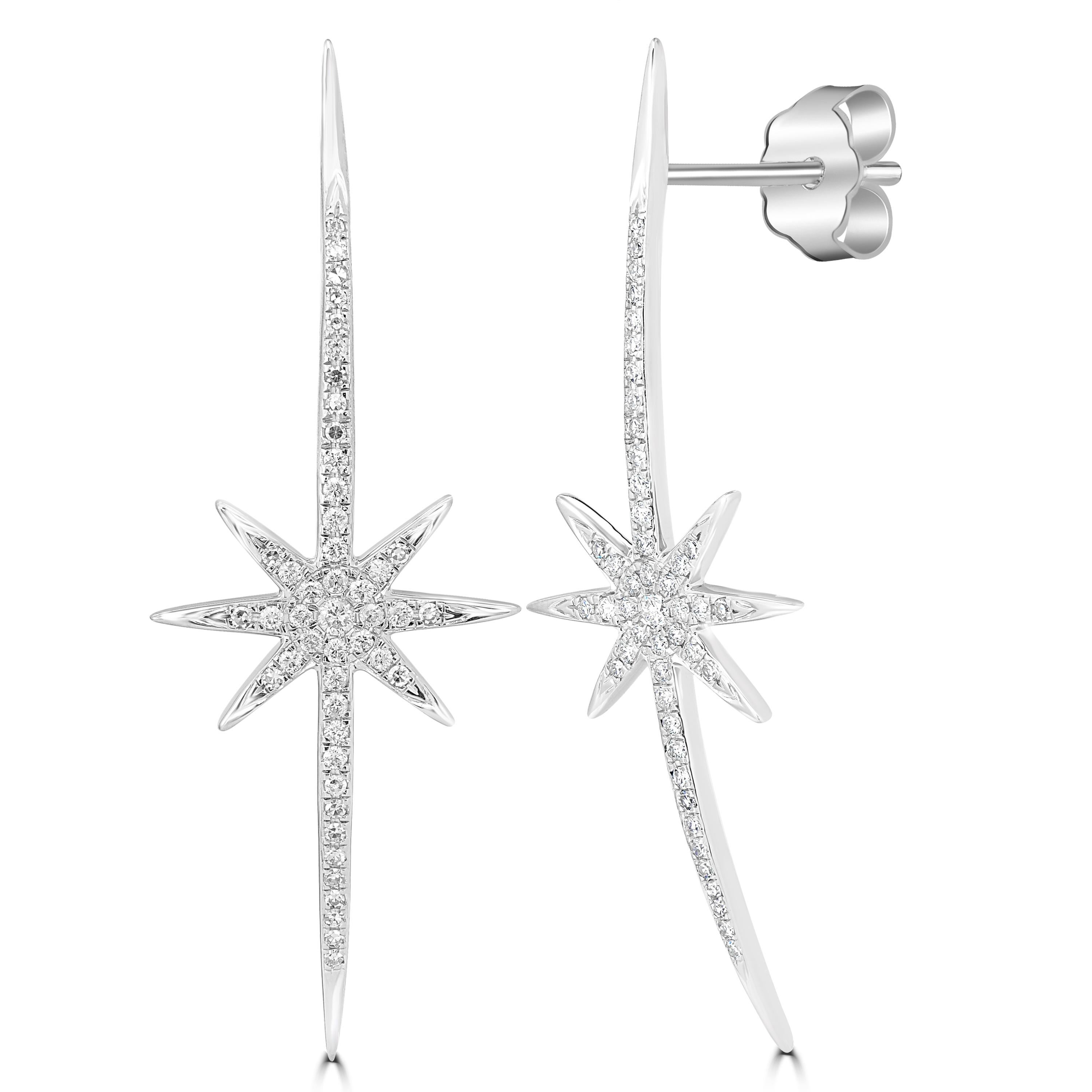 Shine bright in these stunning 14k white gold diamond starburst earrings. Sleek and stunning, this pair of earrings is crafted in 14K White Gold by Luxle. In the starburst motifs, 0.46 Cts round single-cut diamonds are micro pave set to bring out