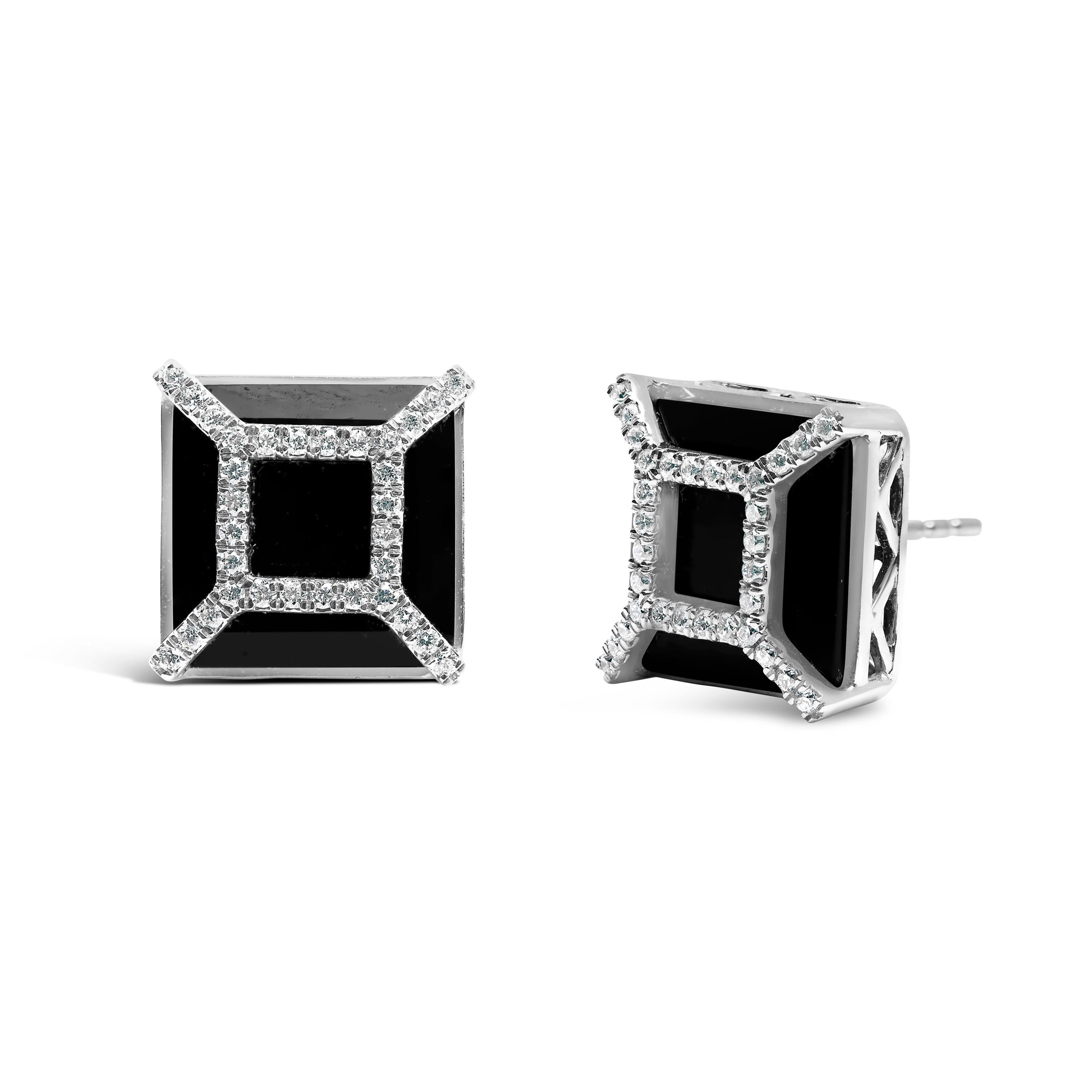 Immerse yourself in the timeless elegance of these stud earrings, where deep, color-enhanced black onyx meets the scintillating radiance of natural diamonds. Each stud cradles a cushion-cut 11x11mm black onyx, treated to underscore its profound