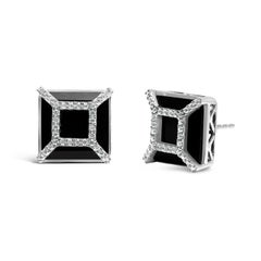 14K White Gold 3/8ct Diamond with 11x11MM Black Onyx Stud Earrings