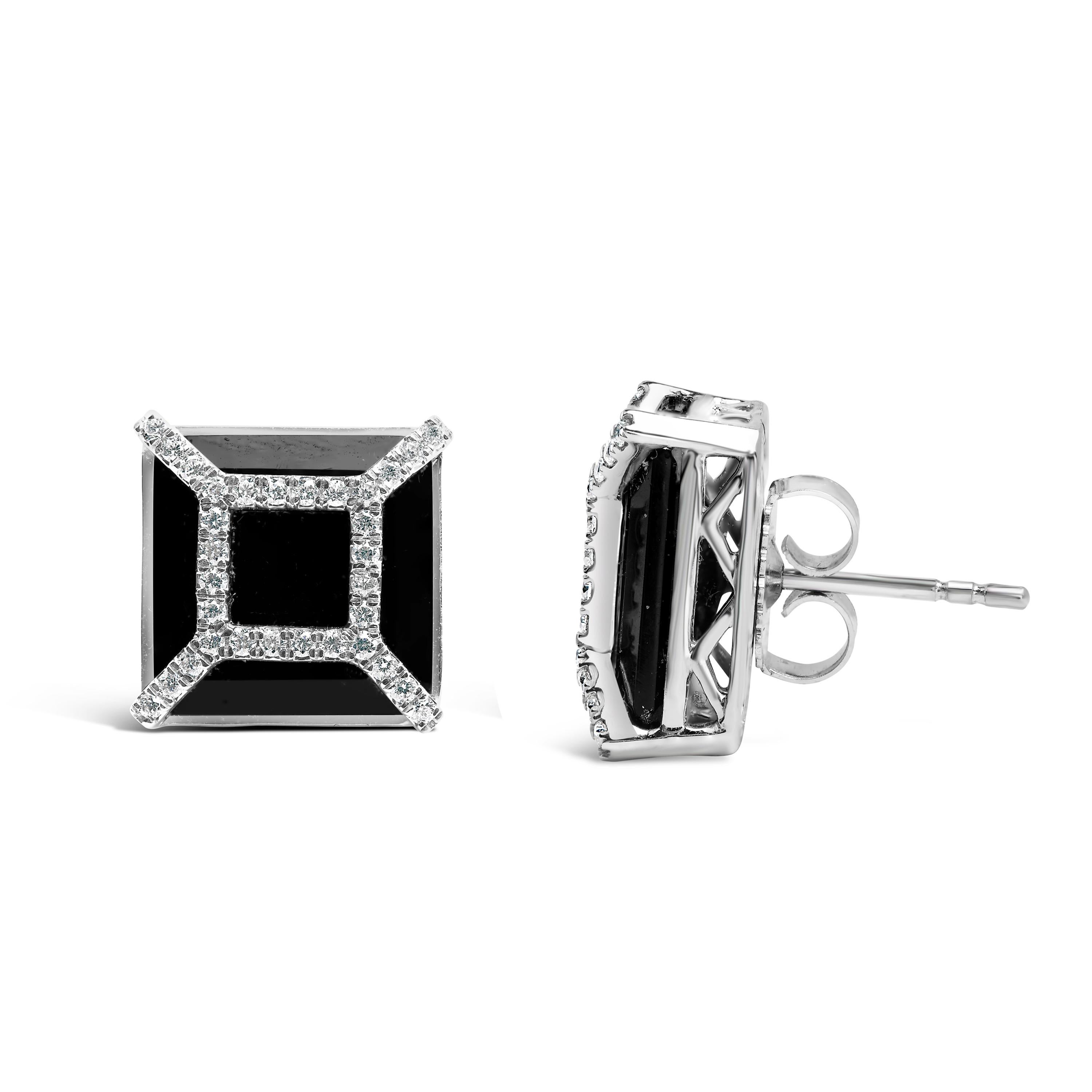 Modern 14K White Gold 3/8ct Diamond with 11x11MM Black Onyx Stud Earrings For Sale