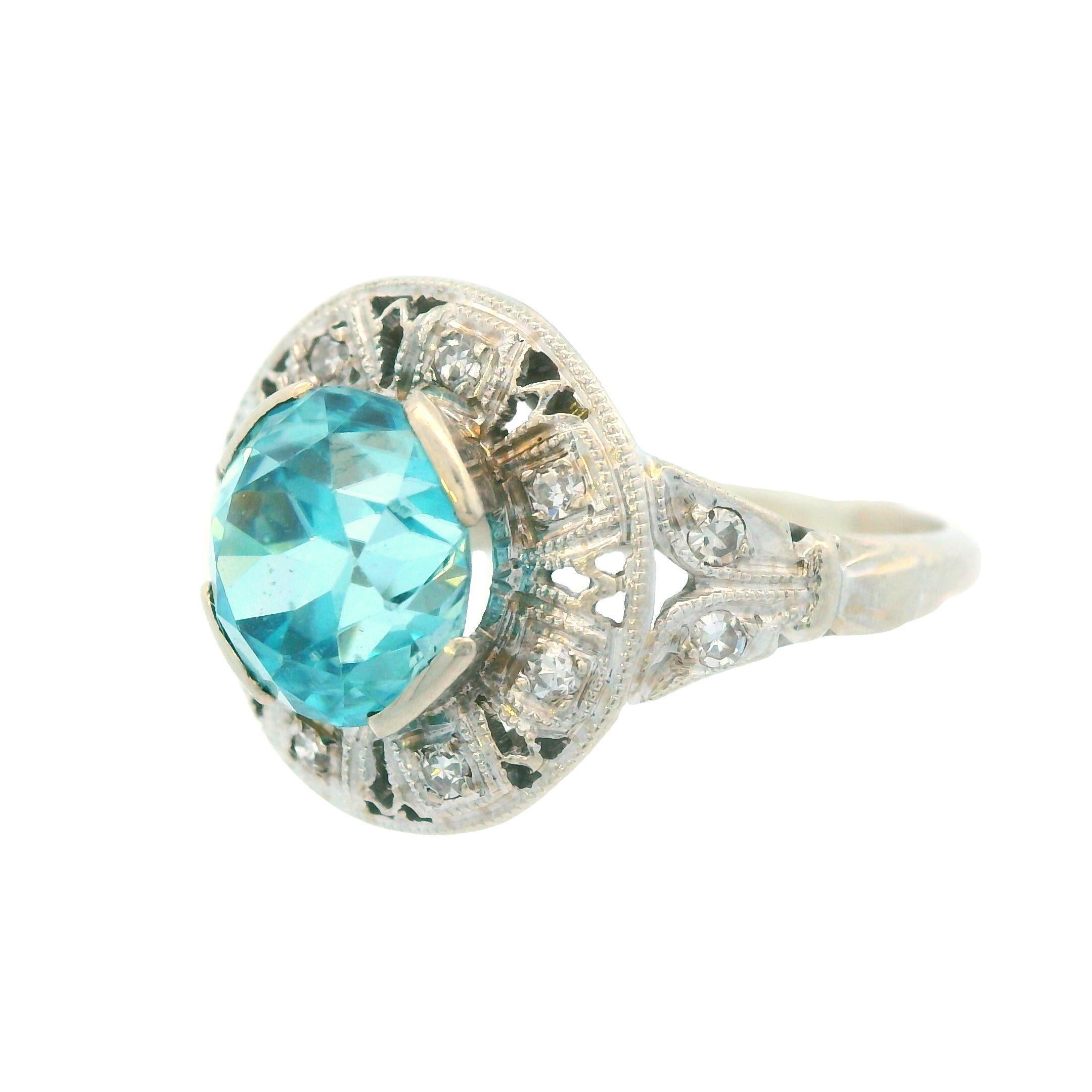 Bague en or blanc 14K 3 carats zircon bleu et diamant 1925 Art Deco en vente 4
