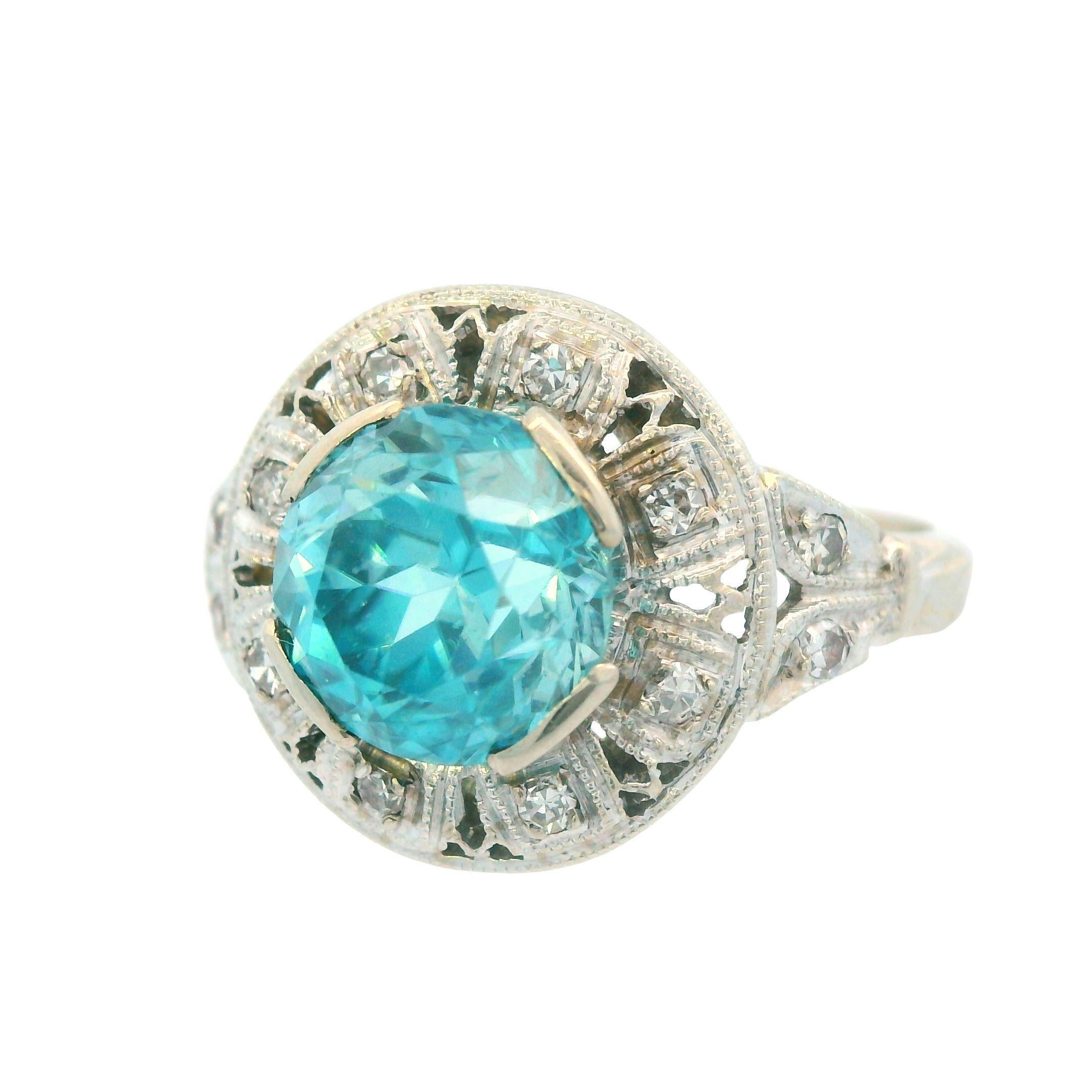 Art déco Bague en or blanc 14K 3 carats zircon bleu et diamant 1925 Art Deco en vente