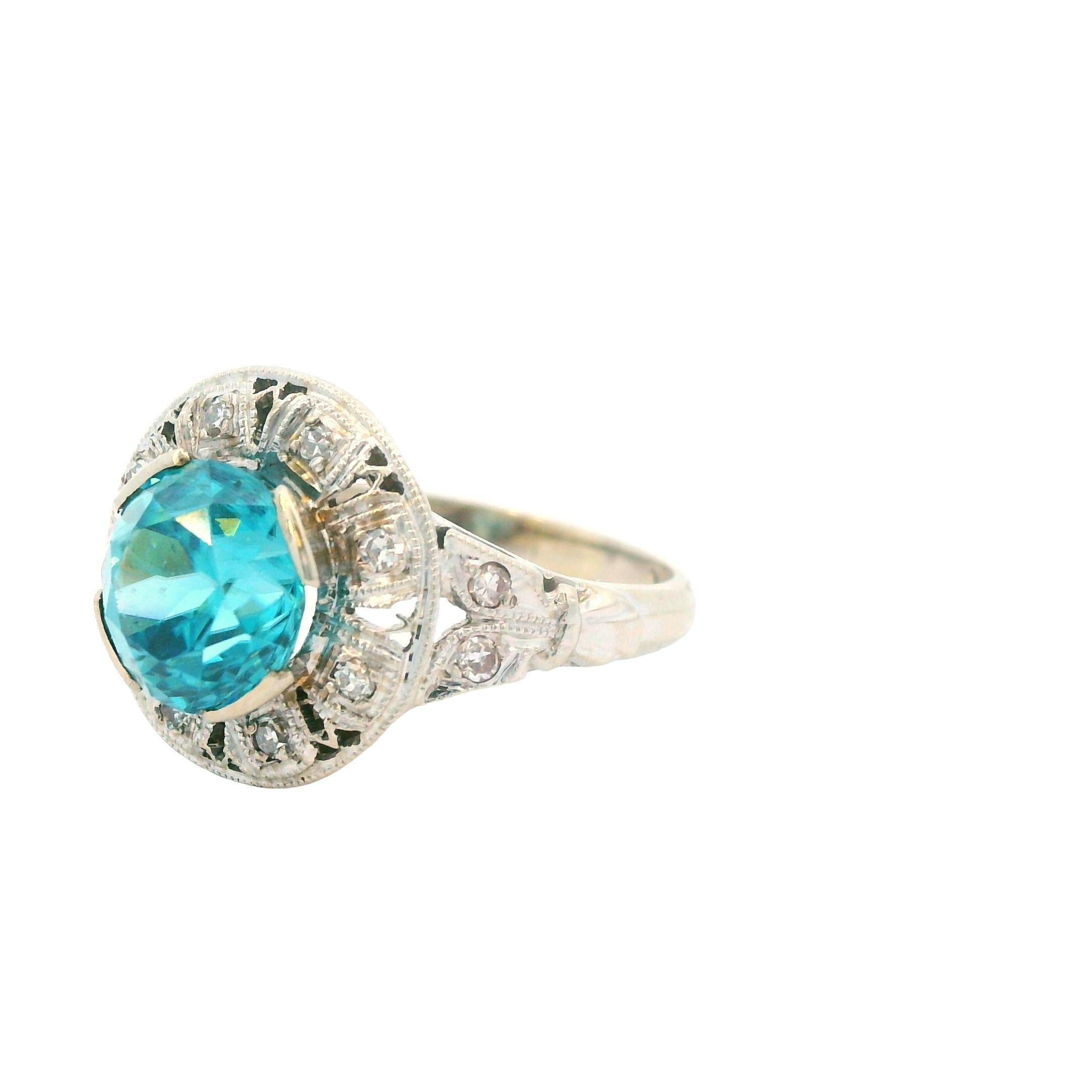 Taille ronde Bague en or blanc 14K 3 carats zircon bleu et diamant 1925 Art Deco en vente