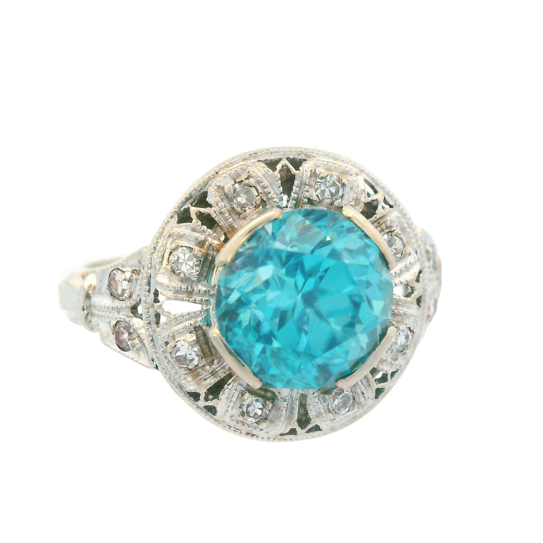 Bague en or blanc 14K 3 carats zircon bleu et diamant 1925 Art Deco en vente 1