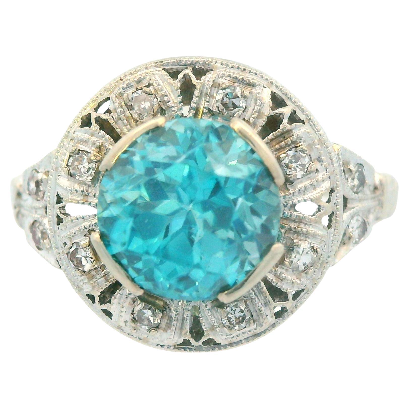 14K White Gold 3 Carat Blue Zircon and Diamond Ring 1925 Art Deco