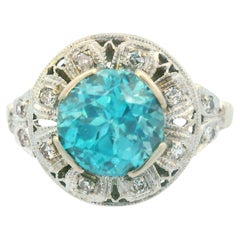 Antique 14K White Gold 3 Carat Blue Zircon and Diamond Ring 1925 Art Deco