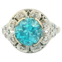 14K White Gold 3 Carat Blue Zircon and Diamond Ring 1925 Art Deco