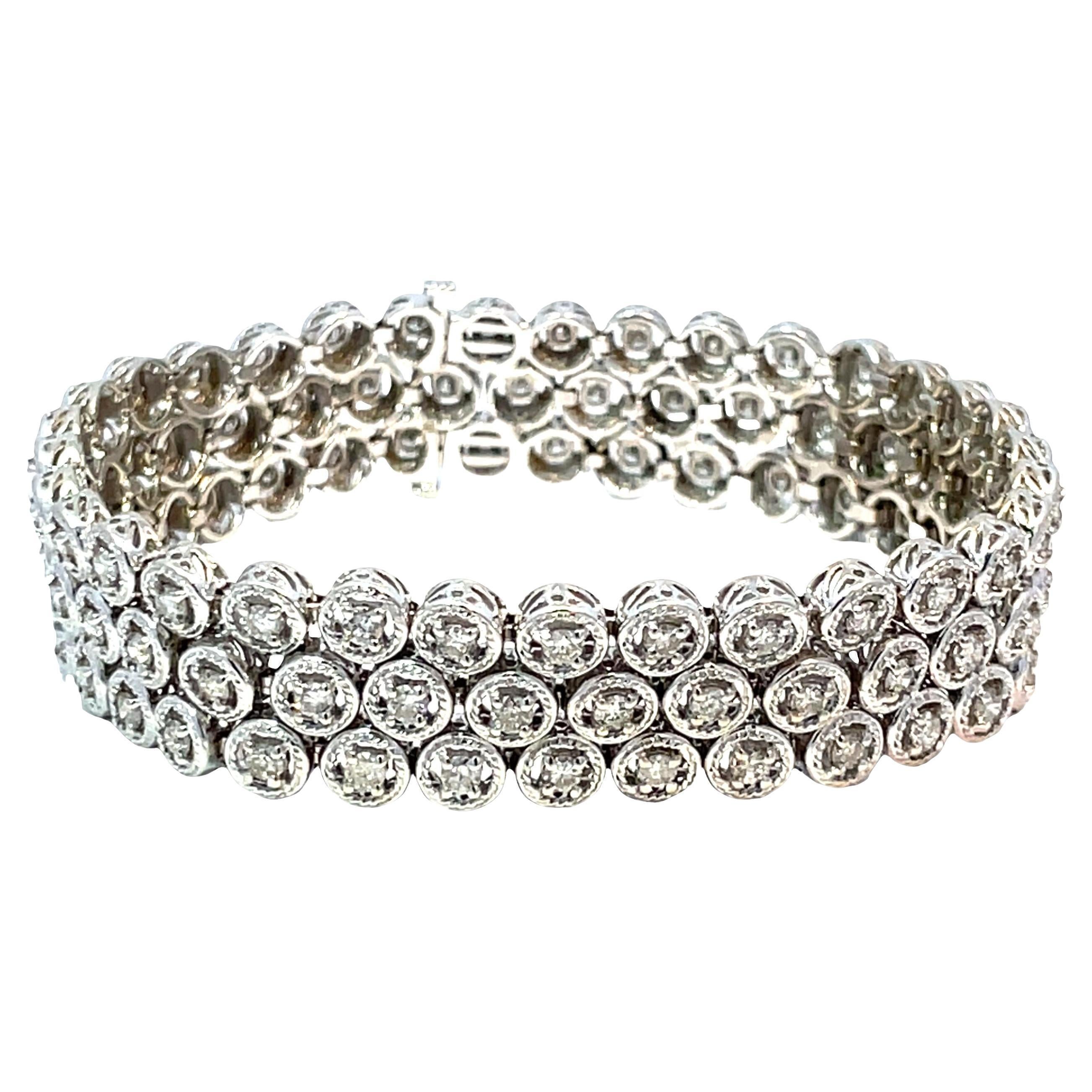 14K White Gold 3 Carat Diamond Bracelet 3 Row Design For Sale