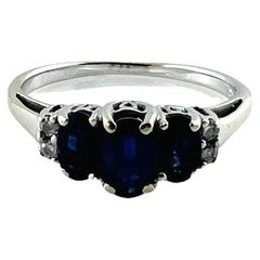 Vintage 14K White Gold 3 Oval Natural Sapphire and Diamond Ring Size 6.75 #15622