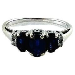 14K White Gold 3 Oval Natural Sapphire and Diamond Ring Size 6.75 #15622