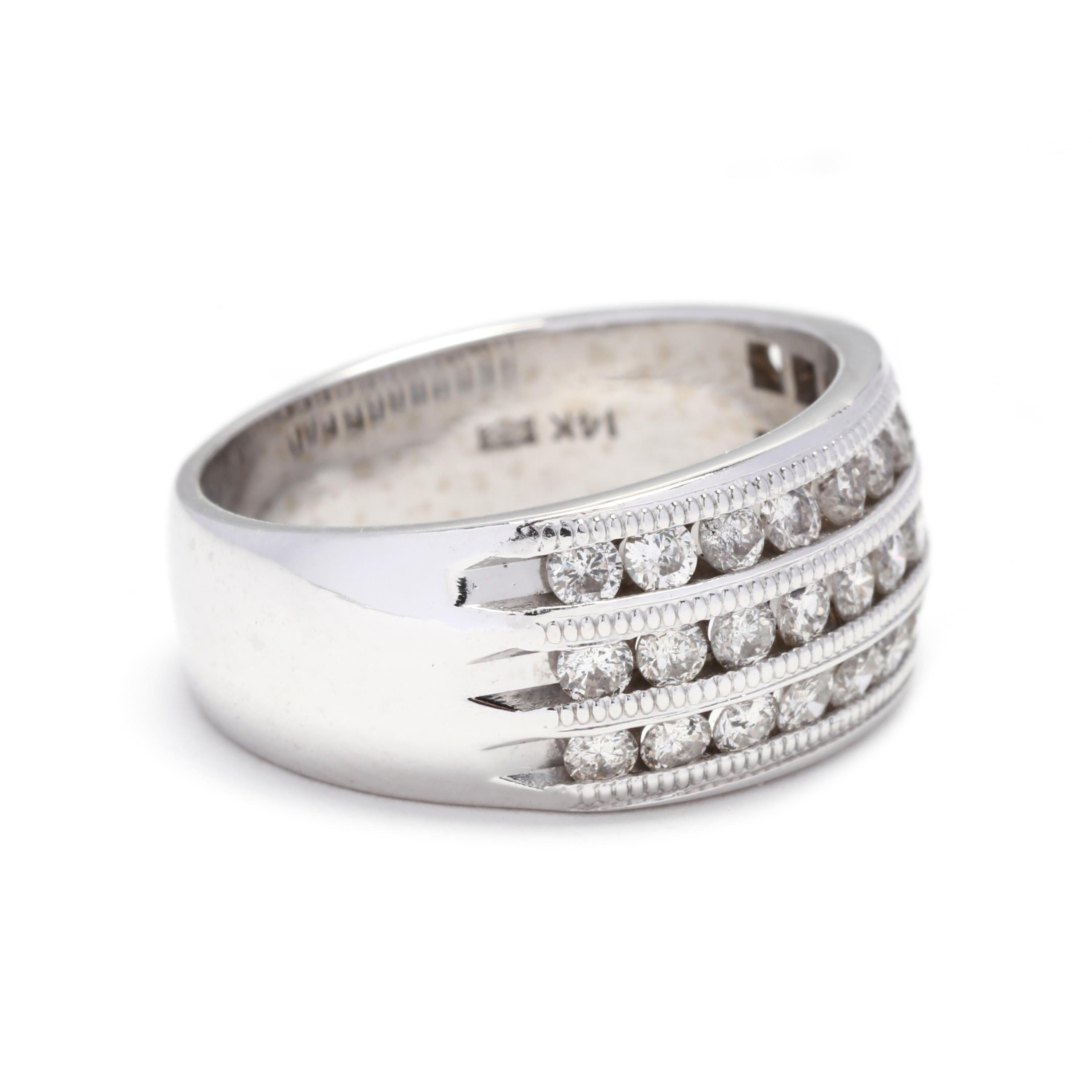 14k white gold 3 row diamond milgrain band. A wide band with three rows of channel set diamonds. The milgrain detail on the edges make this ring stand out from many others. A great statement ring or alternative wedding band!

Stones:
- diamonds, 33