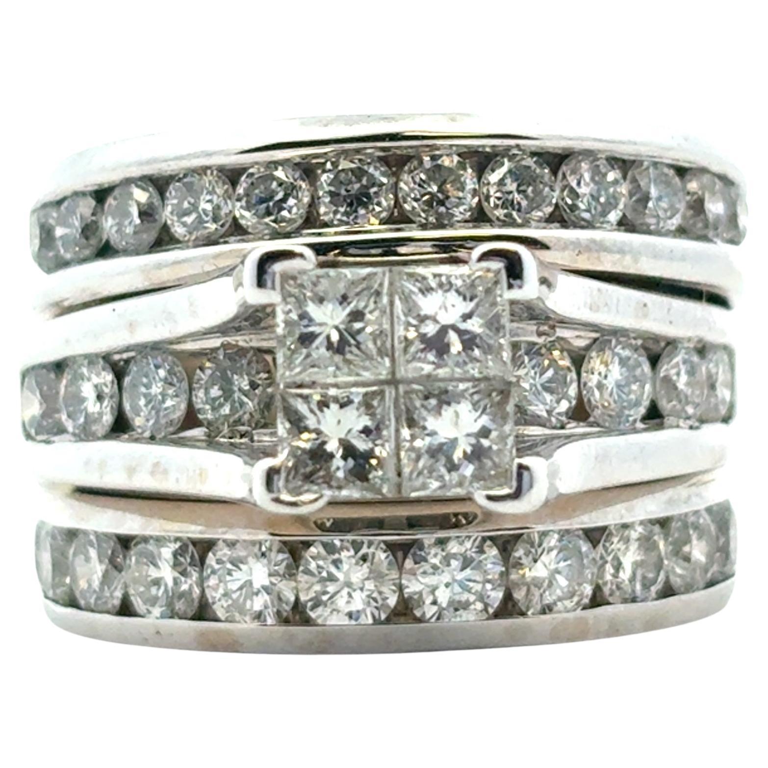 14k White Gold 3 Row Diamond Ring