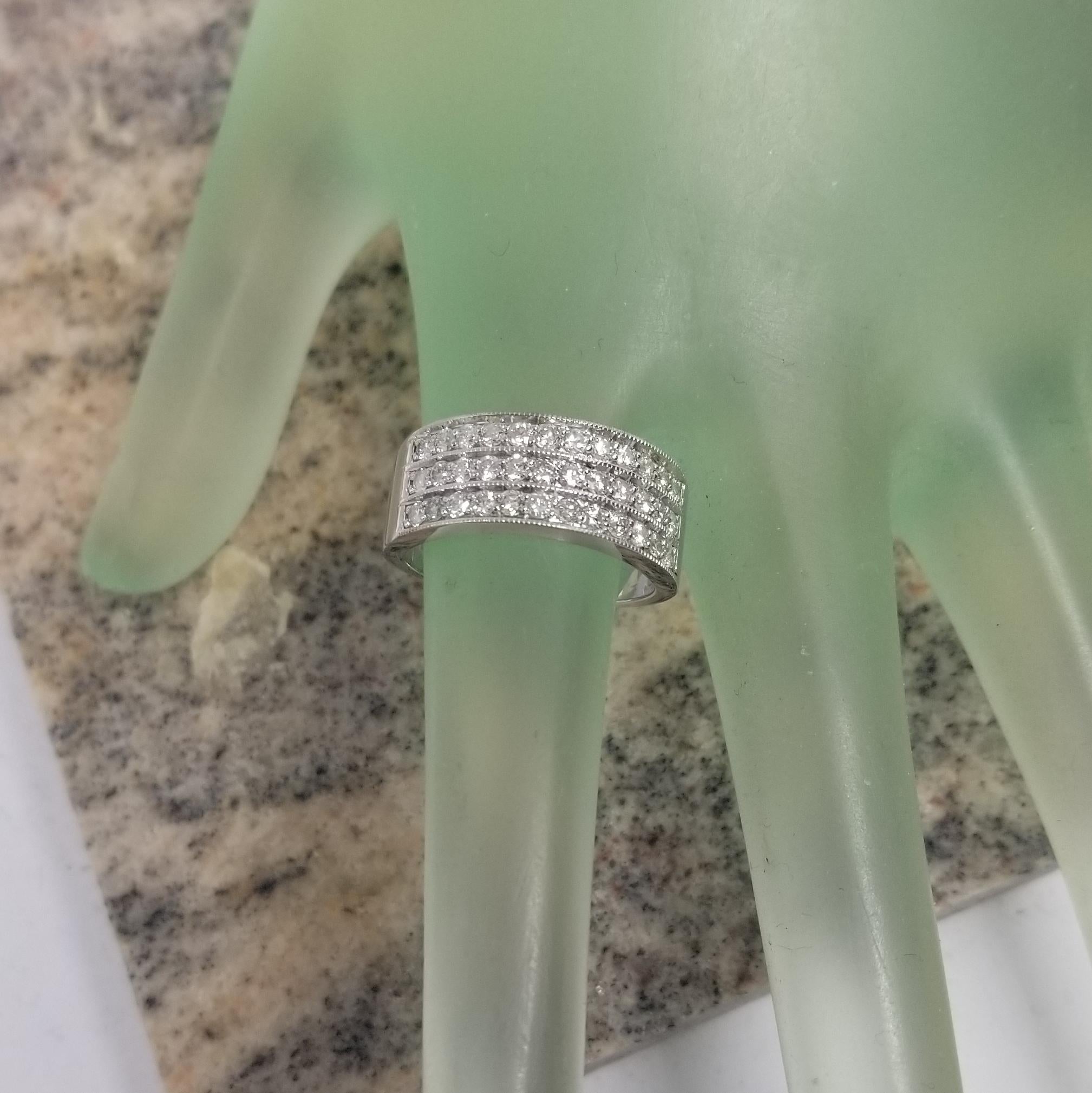 Round Cut 14k White Gold 3 Row Diamond Ring Framed in Milgraining For Sale