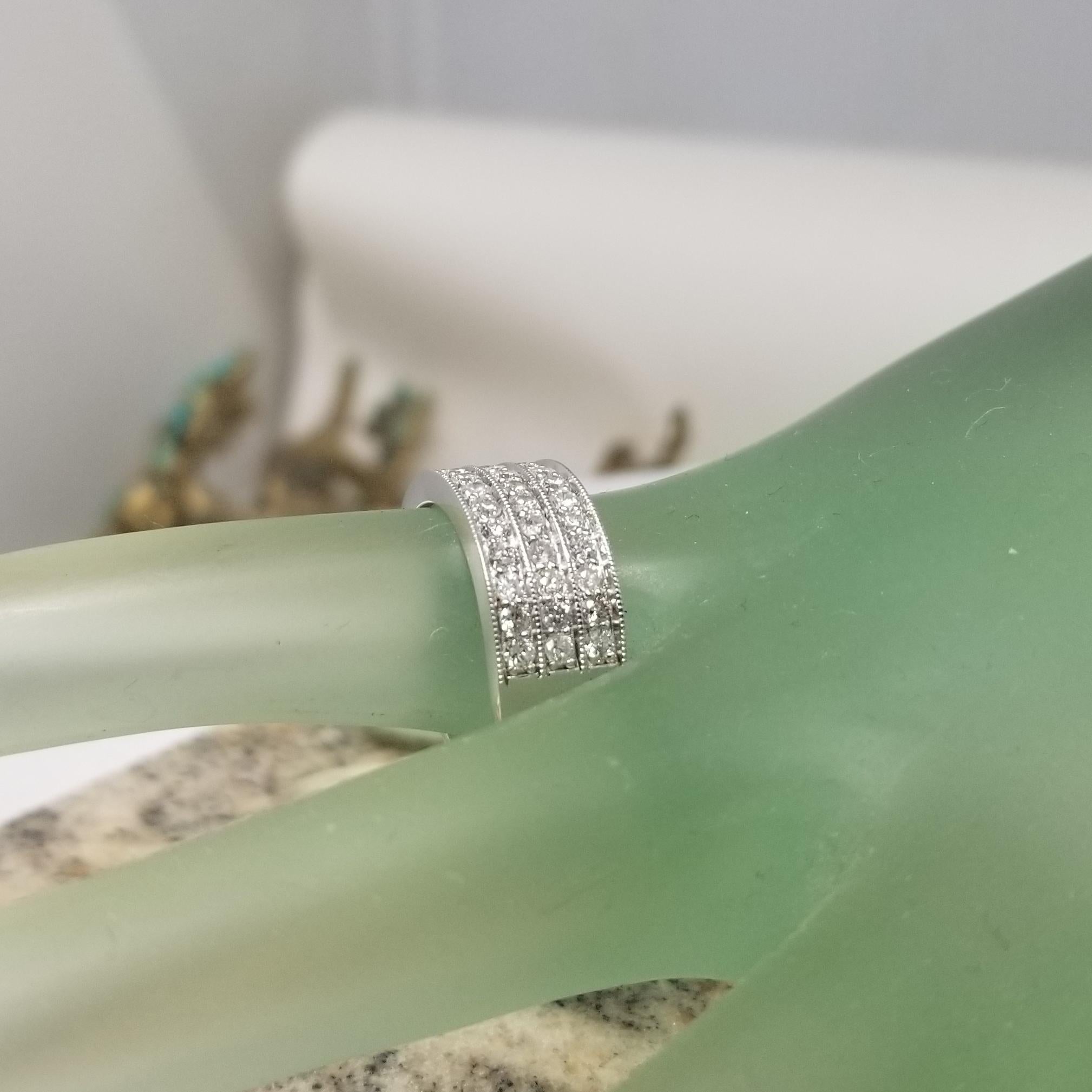 Women's or Men's 14k White Gold 3 Row Diamond Ring Framed in Milgraining For Sale