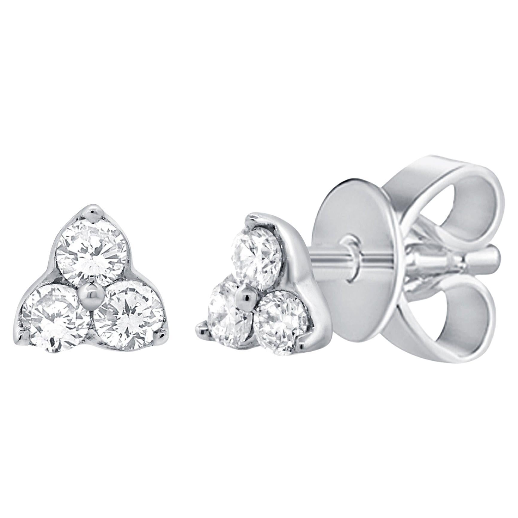 14K White Gold 3 Stone 0.05ct Diamond Stud Earrings for Her For Sale