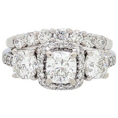 14K White Gold 3-Stone Cushion Cut 2.62ctw Diamond Halo Wedding Set IGI Cert.