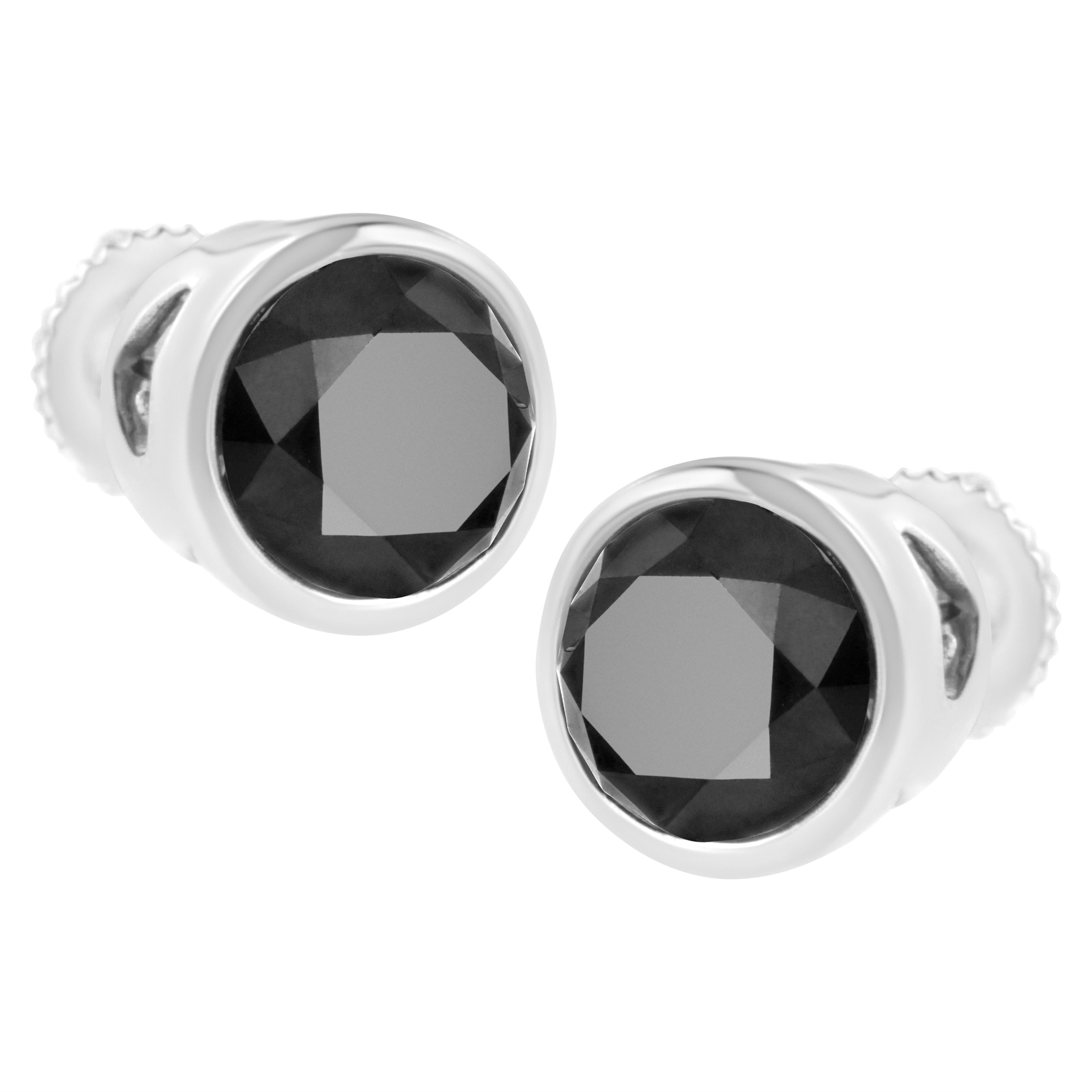 Contemporary 14K White Gold 3.0 Carat Black Diamond Screw-Back Bezel Solitaire Stud Earrings For Sale