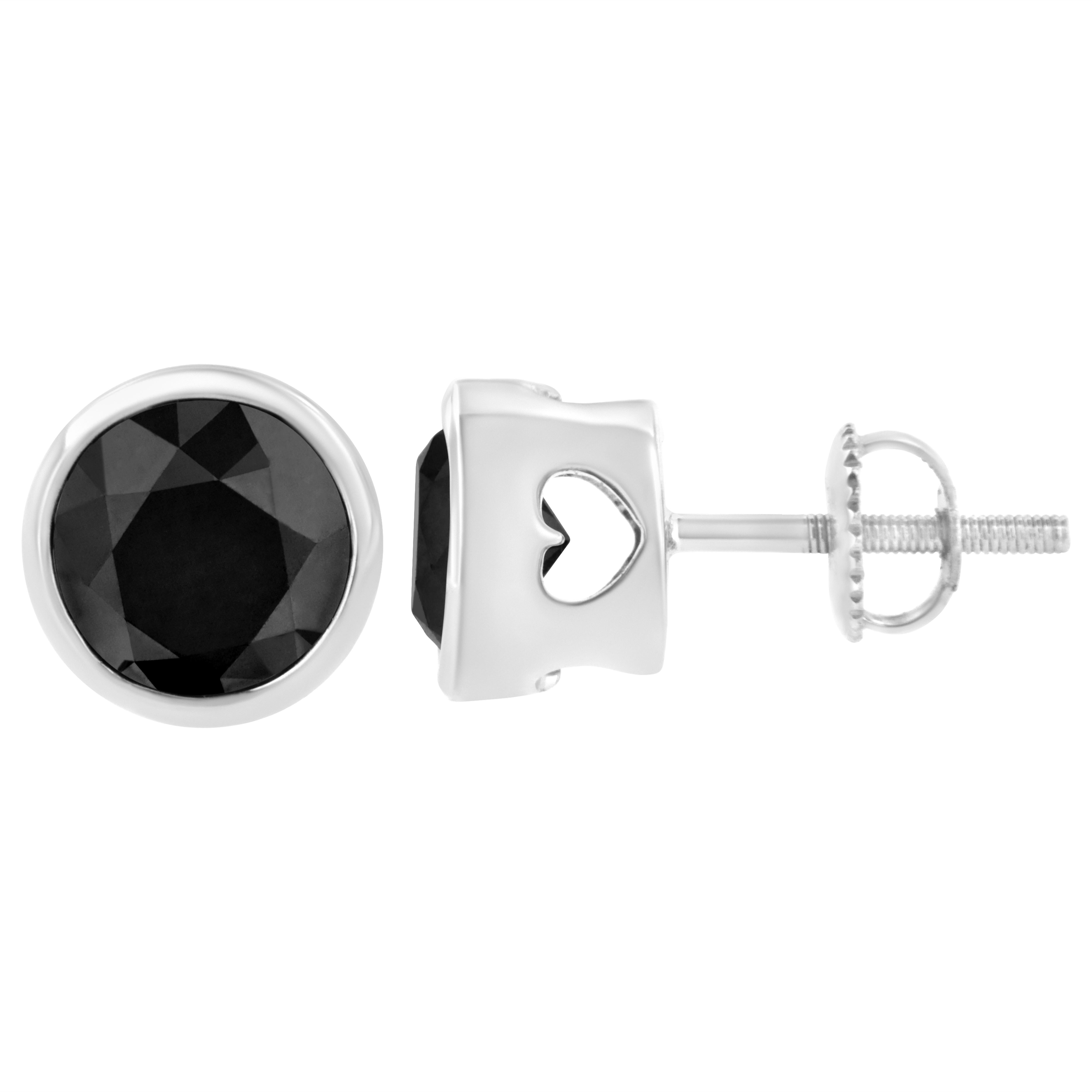 14K White Gold 3.0 Carat Black Diamond Screw-Back Bezel Solitaire Stud Earrings In New Condition For Sale In New York, NY