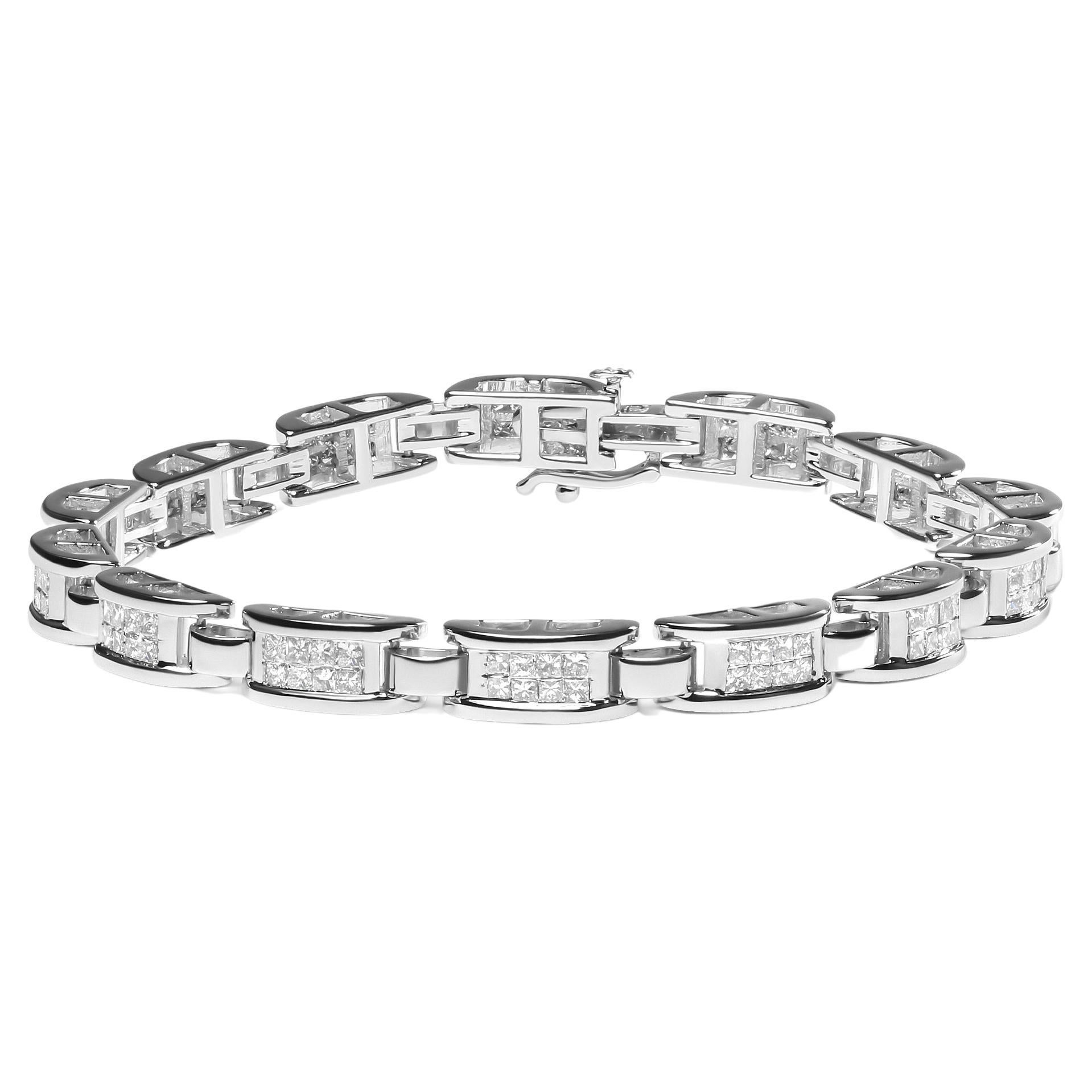 Bracelet tennis à maillons et boucle en or blanc 14 carats avec diamants taille princesse de 3,0 carats