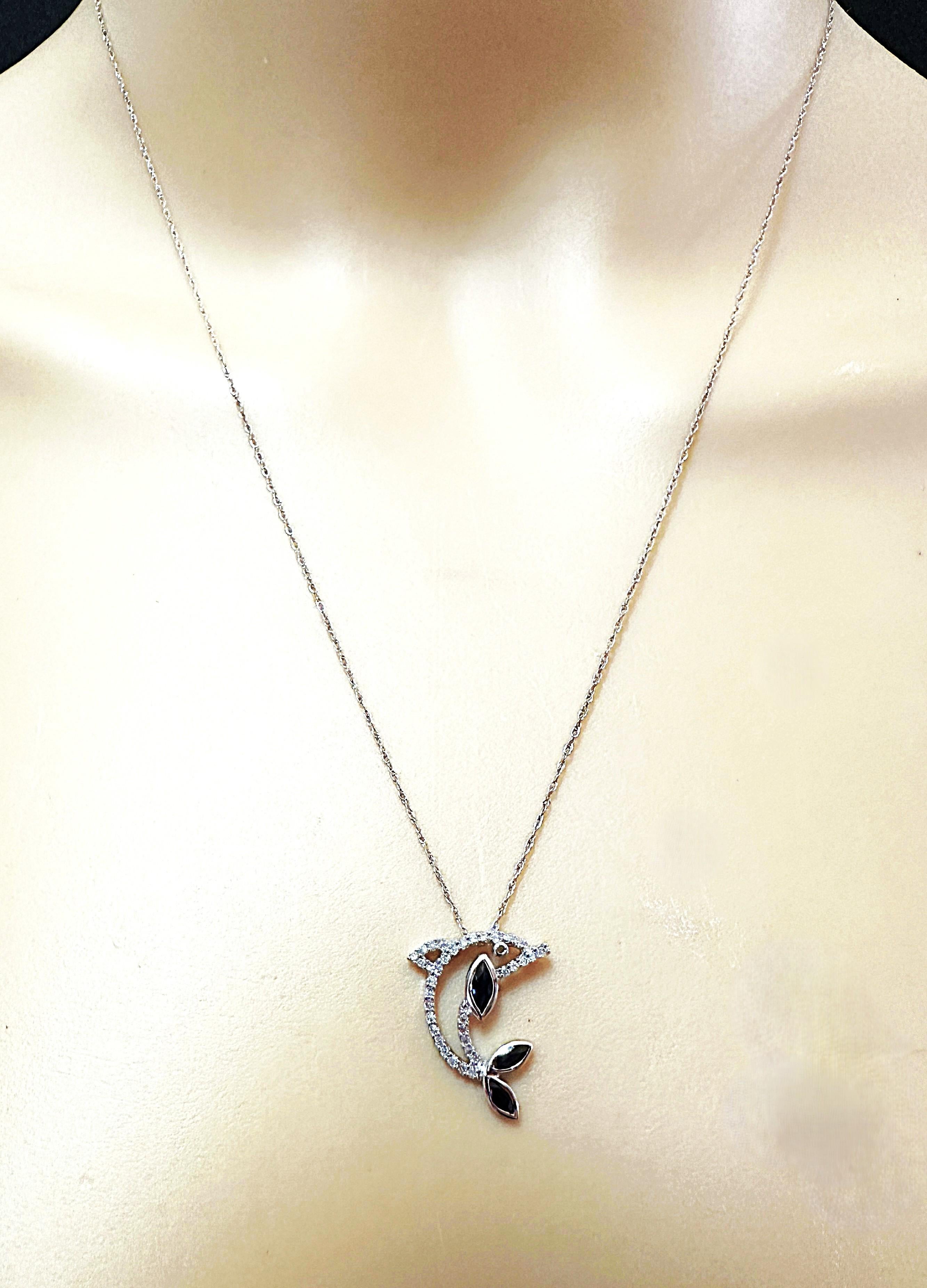 14K White Gold .30 Carat Sapphire & Diamond Dolphin Pendant Necklace For Sale 4