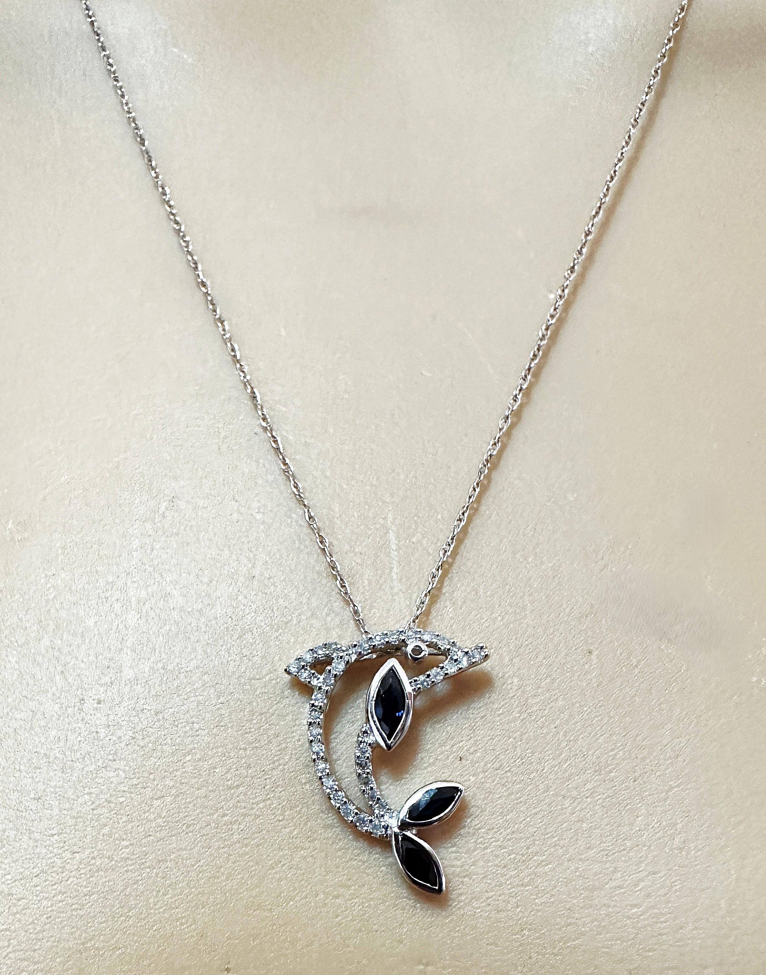 14K White Gold .30 Carat Sapphire & Diamond Dolphin Pendant Necklace For Sale 5