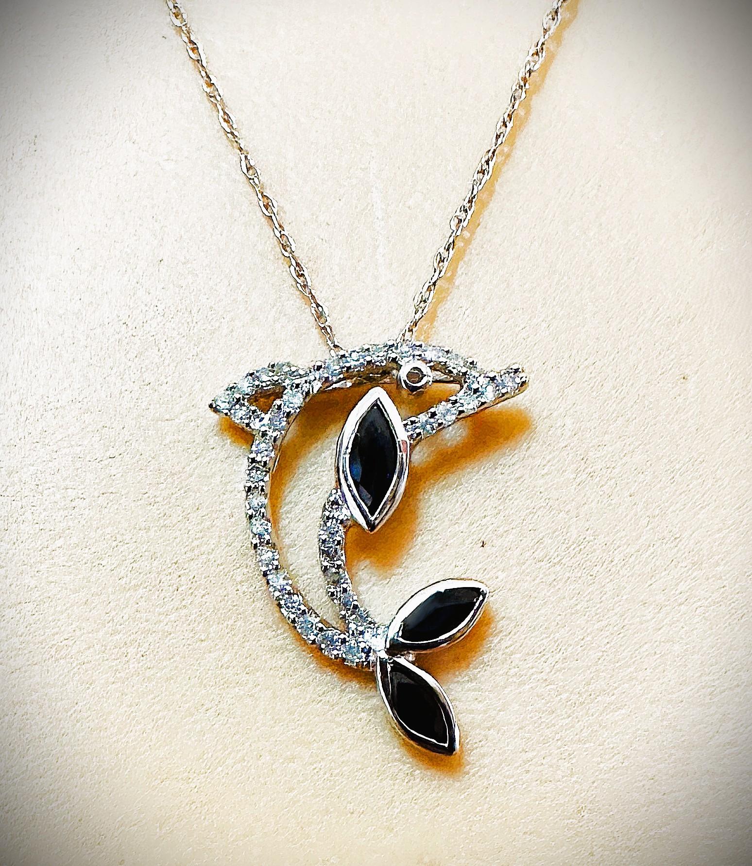 14K White Gold .30 Carat Sapphire & Diamond Dolphin Pendant Necklace For Sale 6