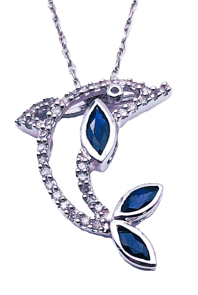 Brilliant Cut 14K White Gold .30 Carat Sapphire & Diamond Dolphin Pendant Necklace For Sale