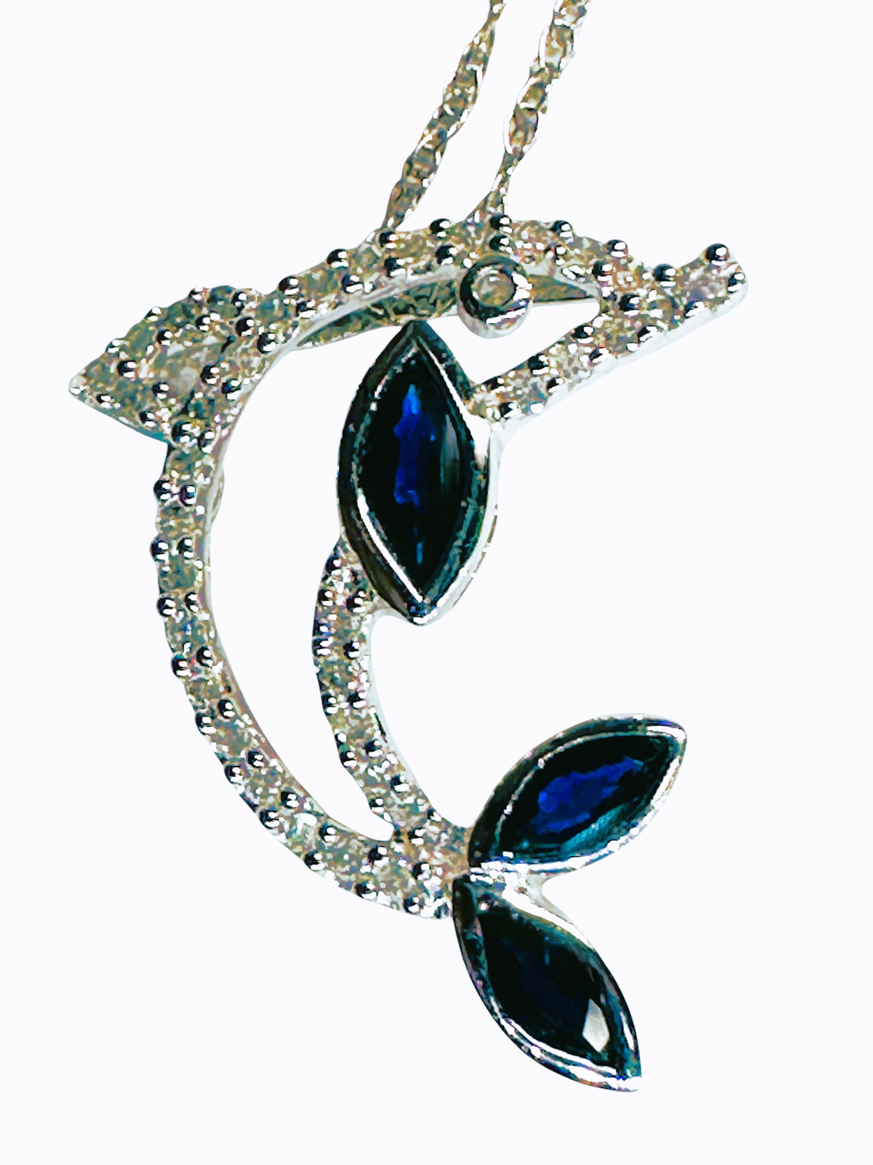 14K White Gold .30 Carat Sapphire & Diamond Dolphin Pendant Necklace In New Condition For Sale In Eagan, MN
