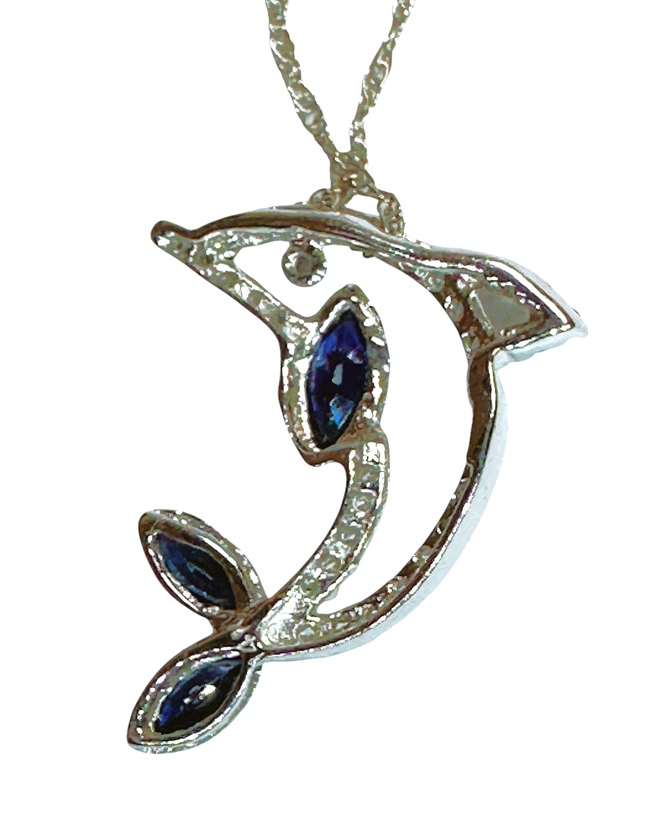 14K White Gold .30 Carat Sapphire & Diamond Dolphin Pendant Necklace For Sale 1