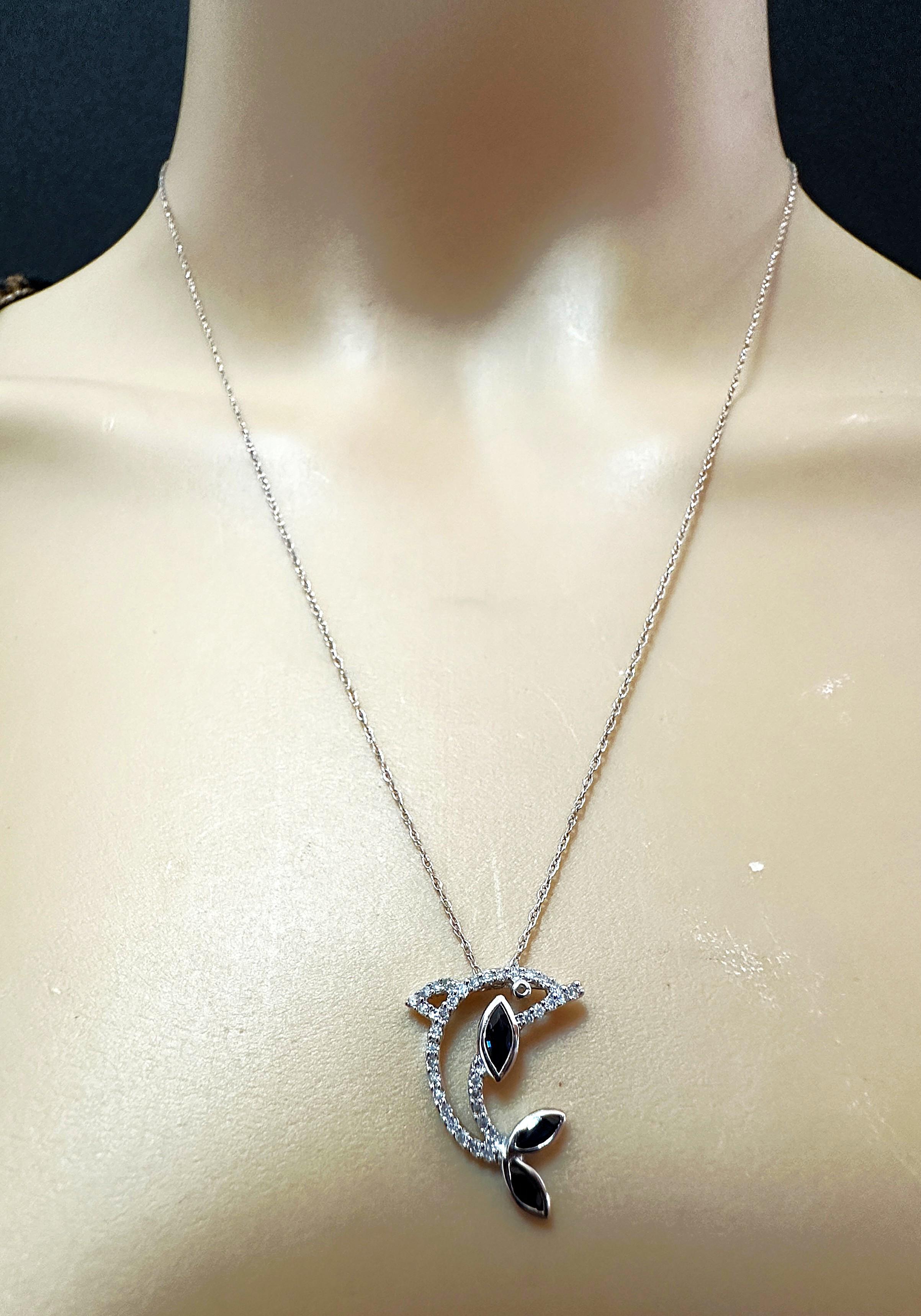14K White Gold .30 Carat Sapphire & Diamond Dolphin Pendant Necklace For Sale 2