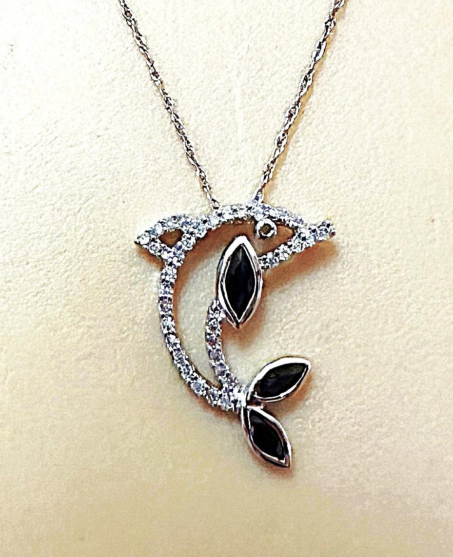 14K White Gold .30 Carat Sapphire & Diamond Dolphin Pendant Necklace For Sale 3