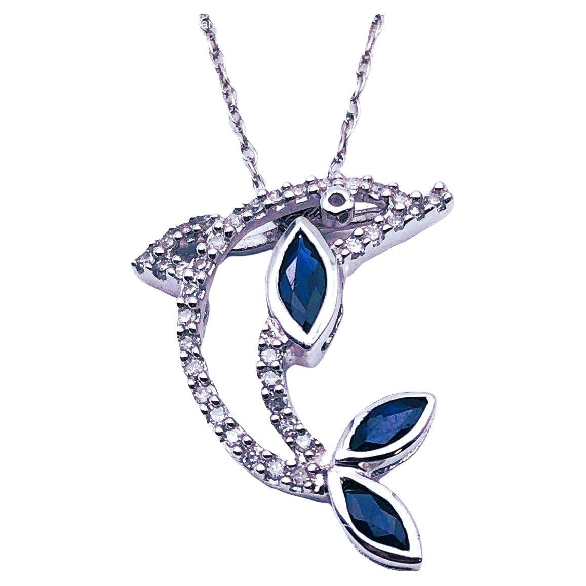 14K White Gold .30 Carat Sapphire & Diamond Dolphin Pendant Necklace