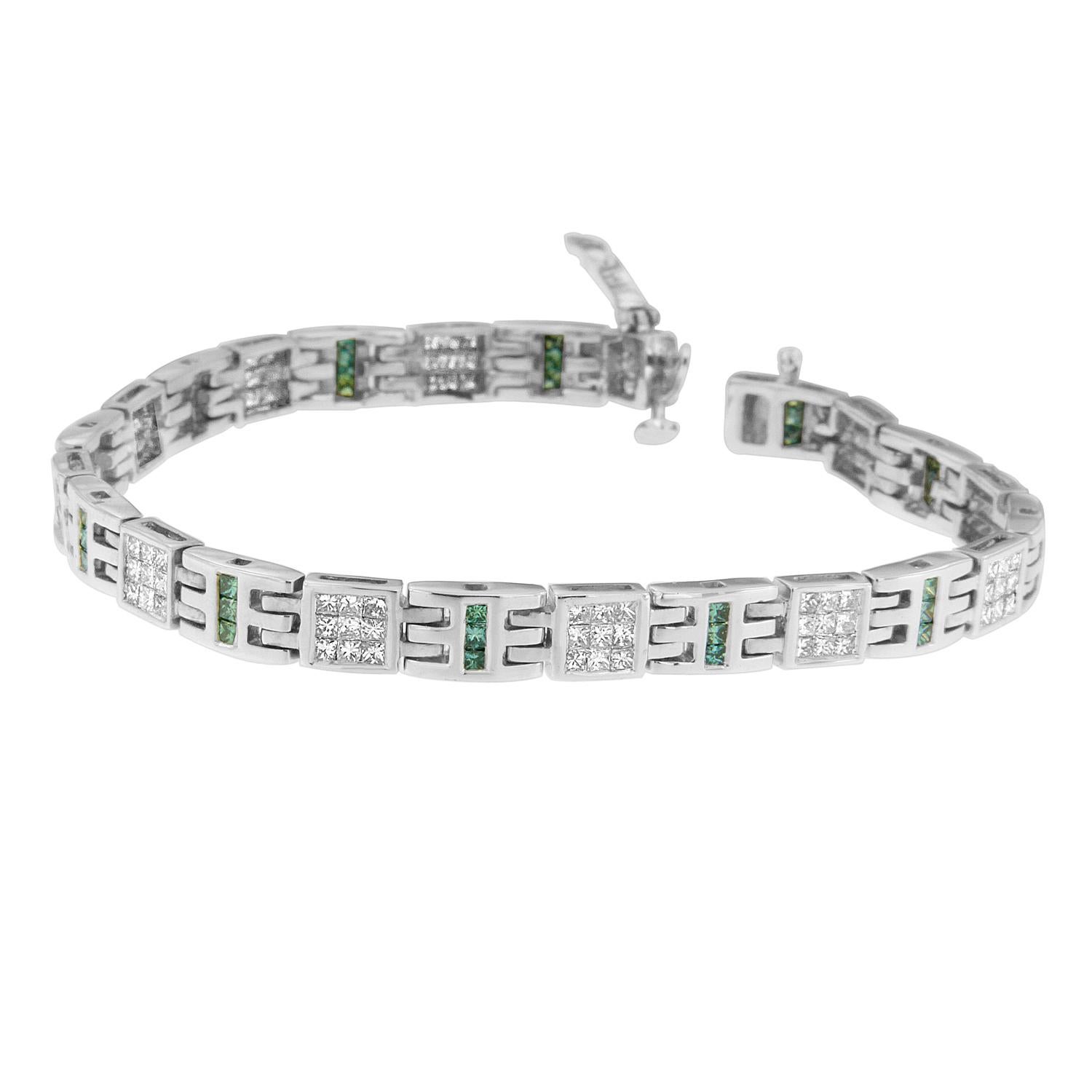 Oh-so-neat, chic, and sleek, this interlinked tennis style bracelet will take her look to a new level. Crafted in 14 karat white gold, the intriguing design features a dazzling invisible setting arrangement of princess cut diamonds in blue and