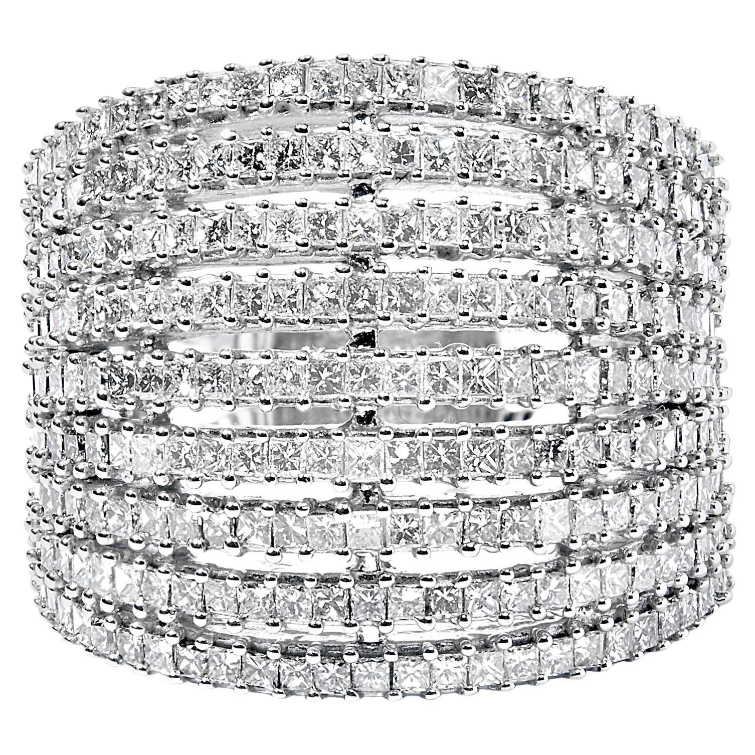 Anillo de oro blanco de 14 quilates de 3,0 qt con diamante natural talla princesa de 9 filas para cóctel