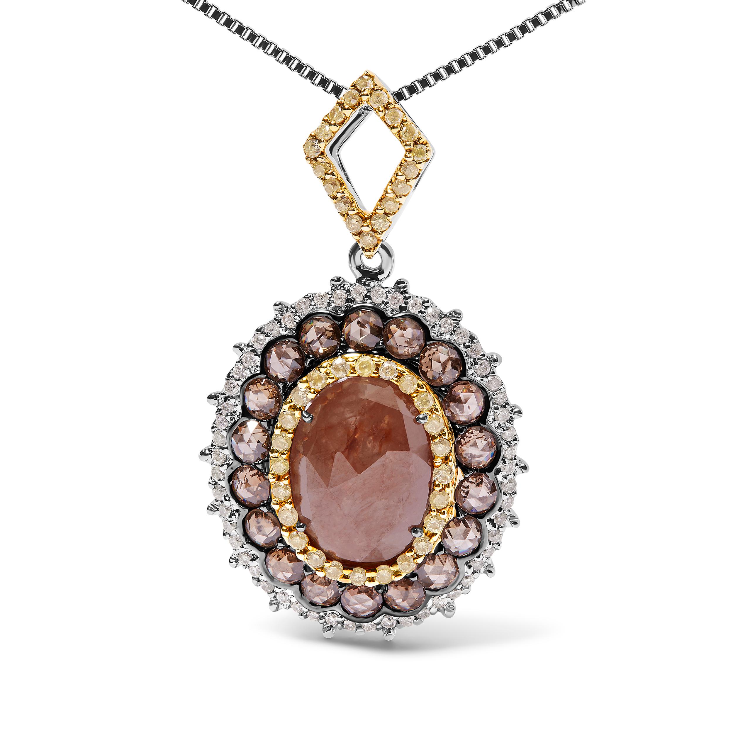 Introducing a mesmerizing masterpiece that encapsulates elegance and allure. Crafted in 14K white gold, this pendant necklace features a remarkable 3.00 carat total weight of rose cut fancy colored diamonds. A triple halo design embraces the