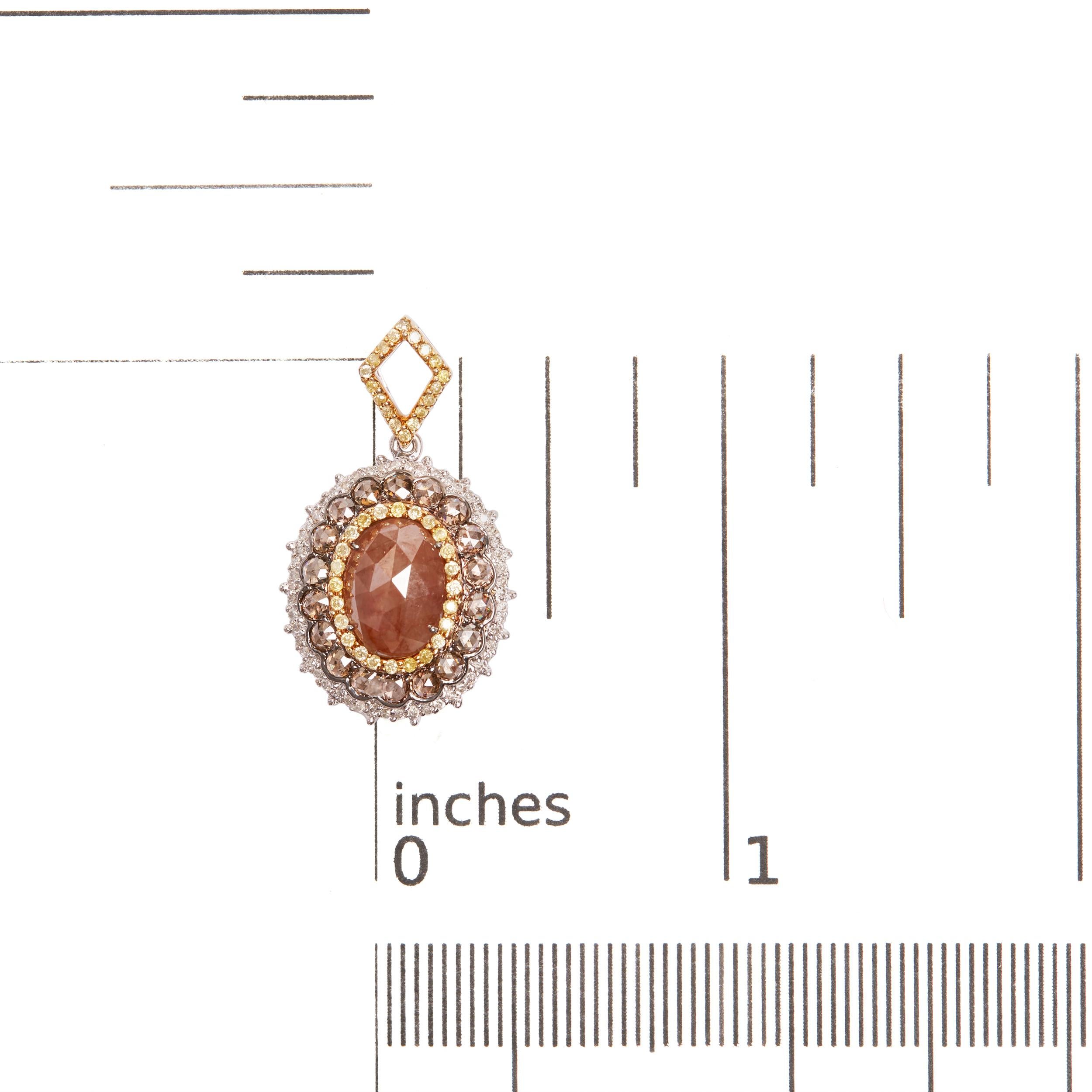 Oval Cut 14K White Gold 3.00 Carat Fancy Colored Diamond Triple Halo Pendant Necklace For Sale