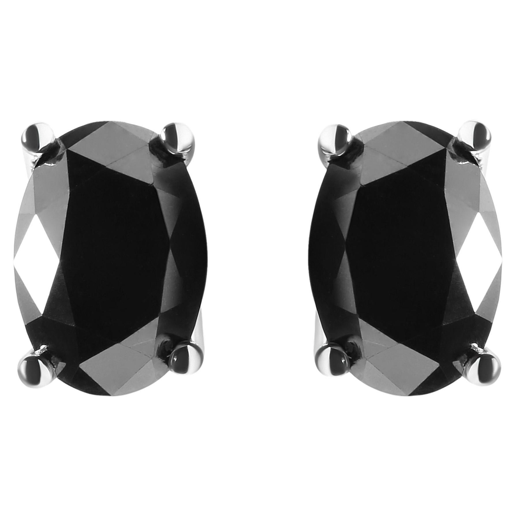 14K White Gold 3.00 Carat Oval Cut Black Diamond Stud Earrings For Sale