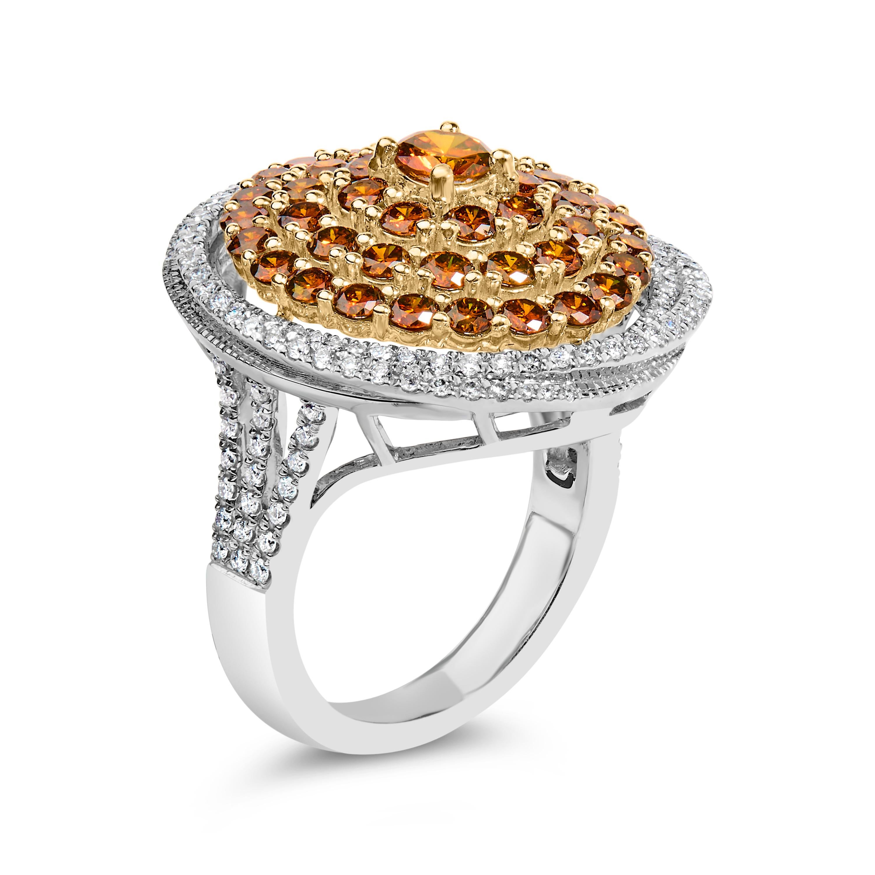 Moderne Bague de cocktail en or blanc 14K 3.00 Cttw Orange Brown Diamond Halo Swirl en vente