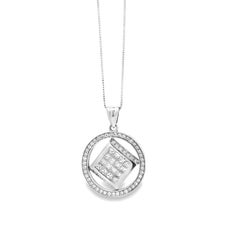14k White Gold 3.00ctw Princess & Round Diamond Cluster Pendant Necklace