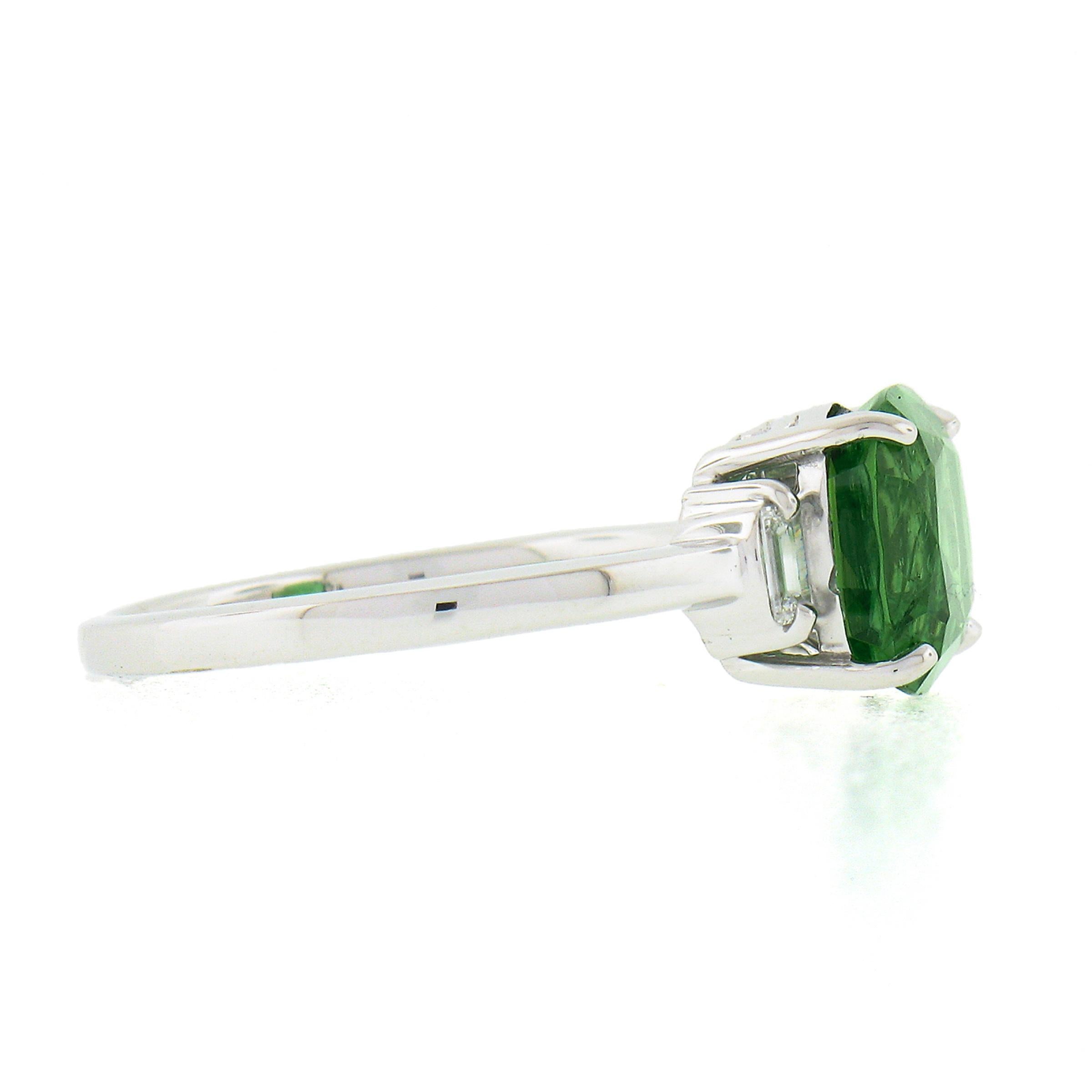 14K White Gold 3.04ctw Cushion Green Chrome Tourmaline w/ Diamond Accent Ring In Excellent Condition For Sale In Montclair, NJ