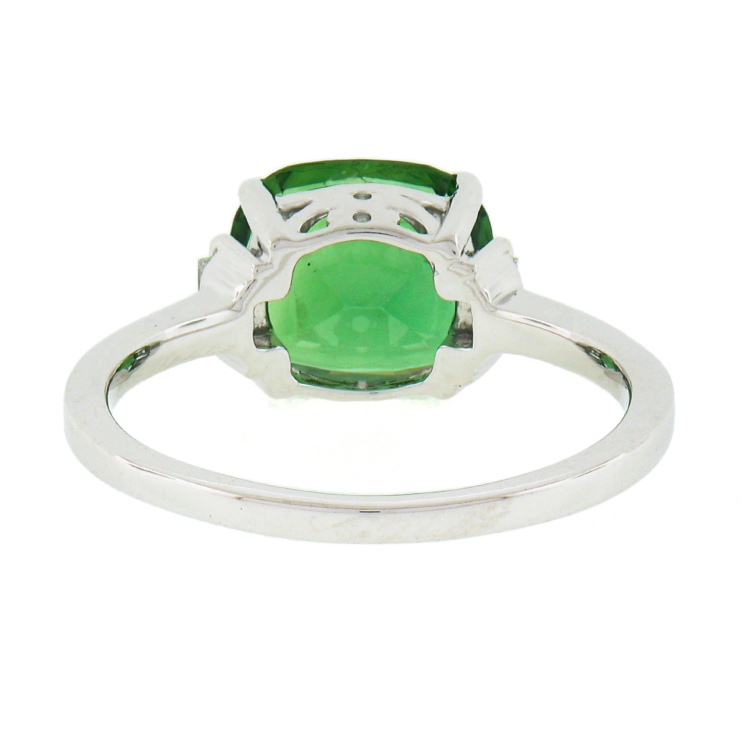 14K White Gold 3.04ctw Cushion Green Chrome Tourmaline w/ Diamond Accent Ring For Sale 1